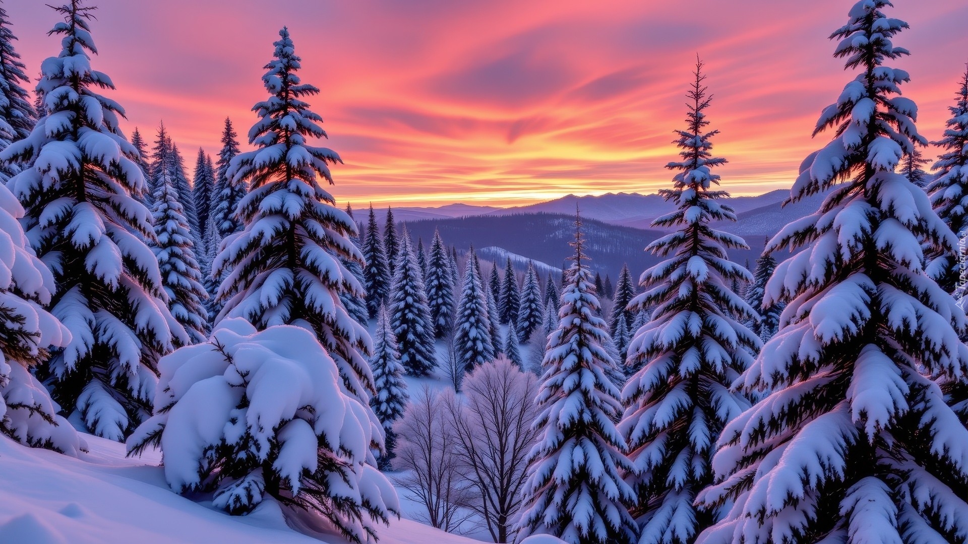 Zima, Zachód słońca, Kolorowe, Niebo, Ośnieżone, Drzewa, Góry