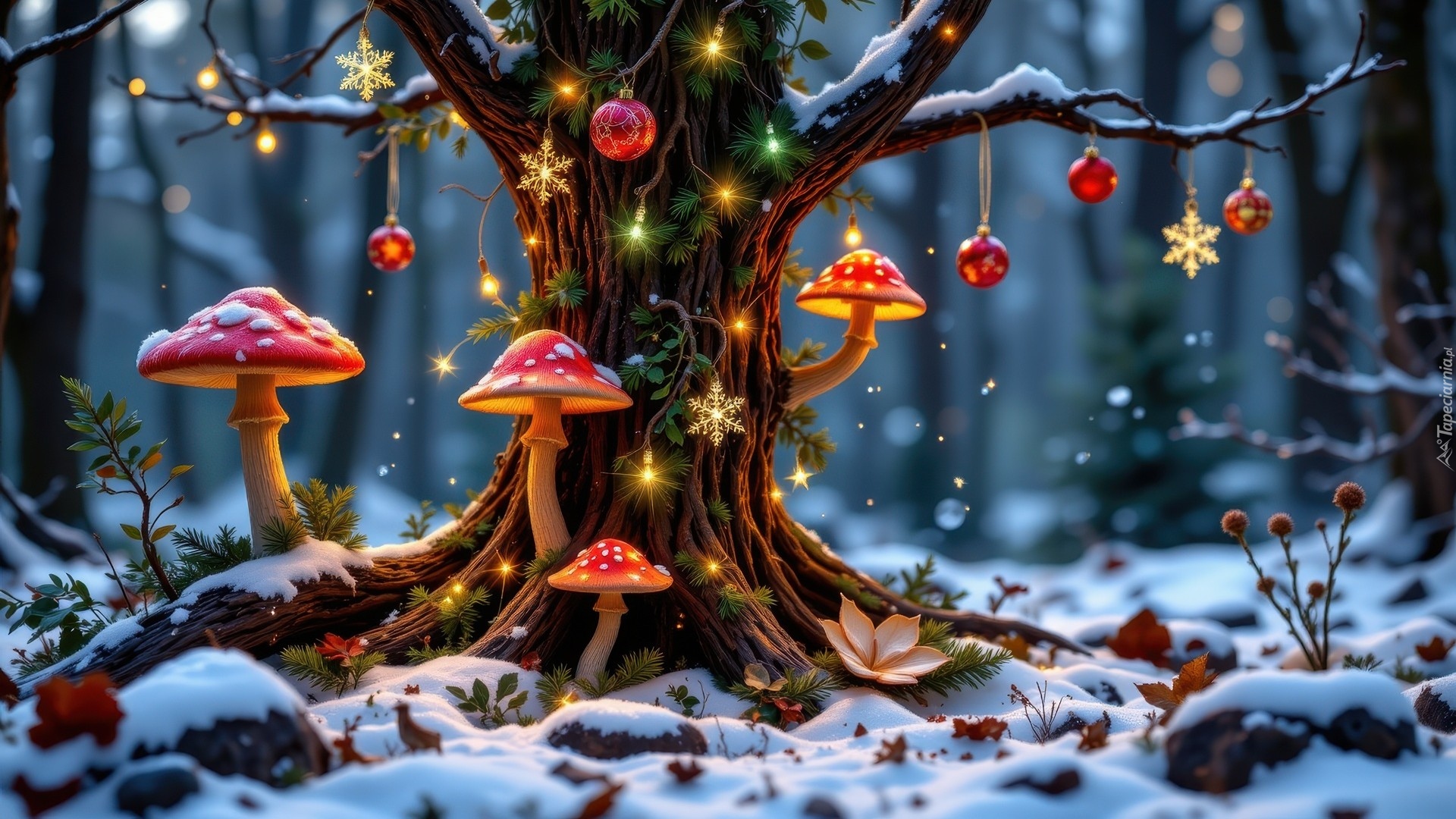 Grafika, Drzewo, Bombki, Śnieg, Grzyby, Muchomory, Boże Narodzenie