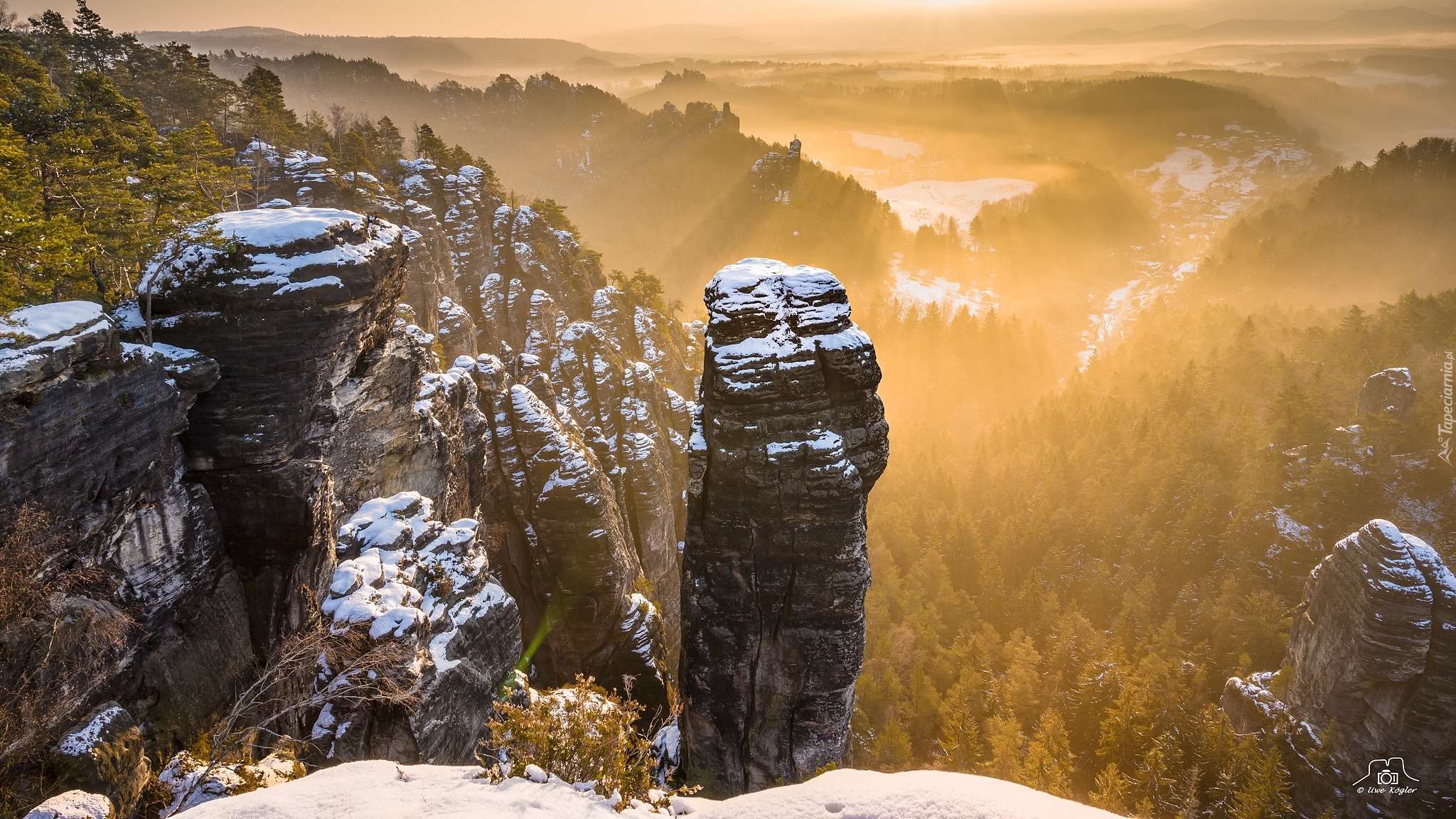 Wschód słońca, Góry Połabskie, Śnieg, Skały, Schrammsteine, Drzewa, Mgła, Park Narodowy Saskiej Szwajcarii, Niemcy