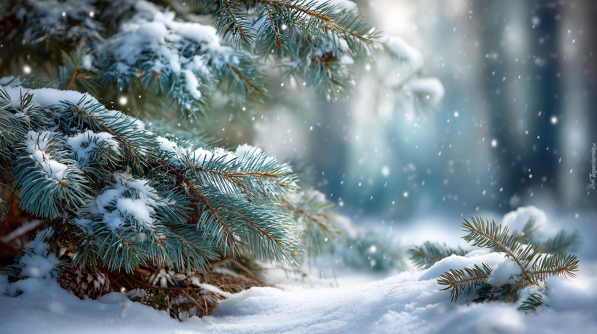 Świerk, Śnieg, Zima, Grafika AI