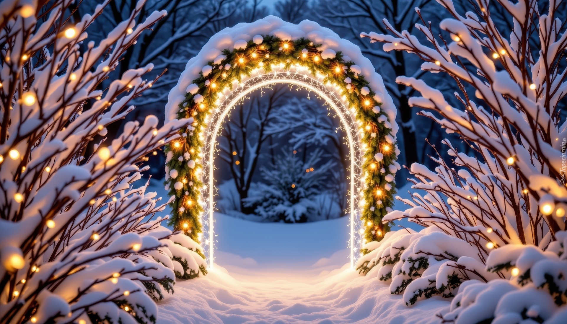 Zima, Drzewa, Ośnieżone, Gałęzie, Łuk, Oświetlony