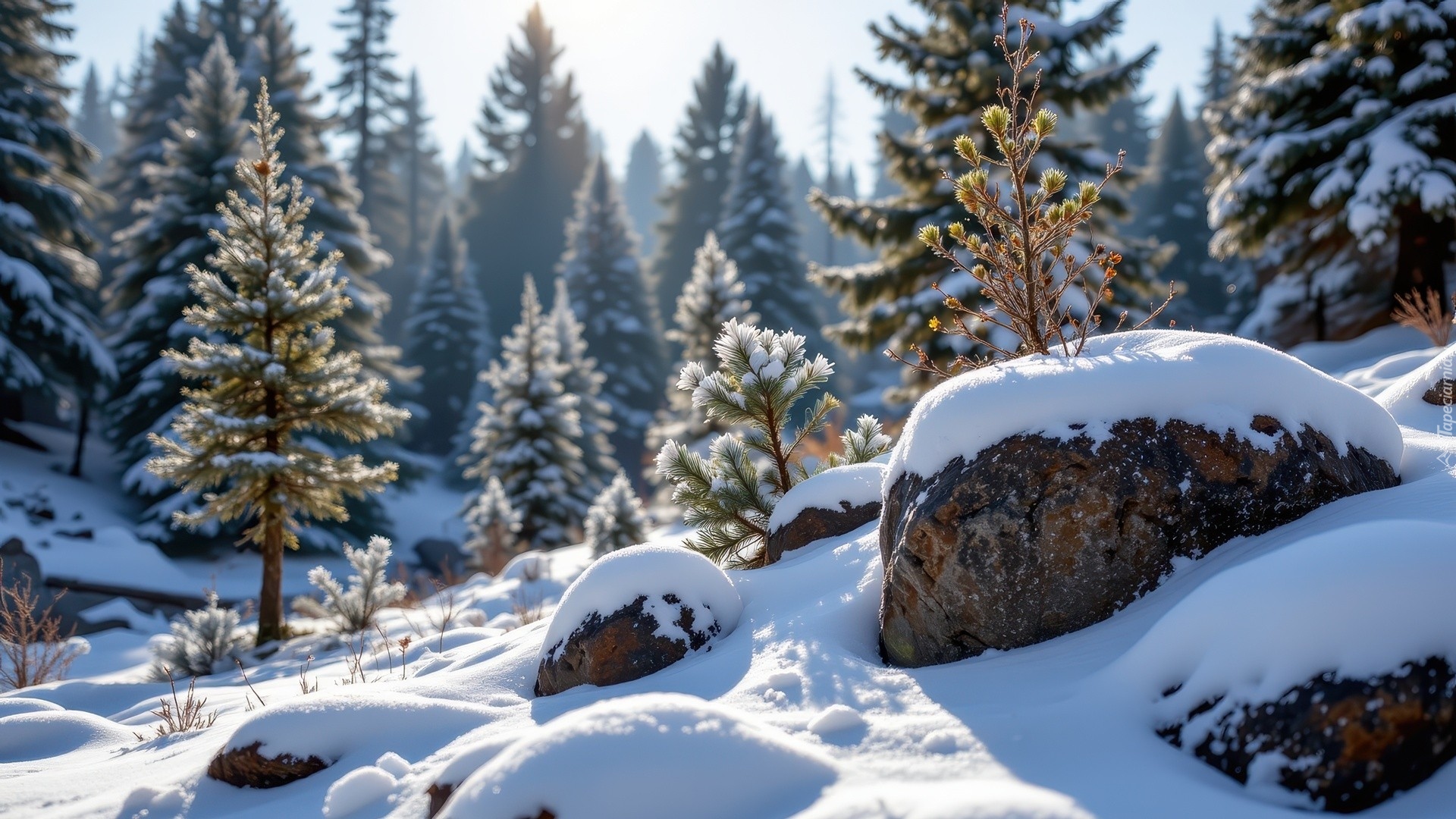 Zima, Śnieg, Ośnieżone, Kamienie, Głazy, Drzewa, Iglaste