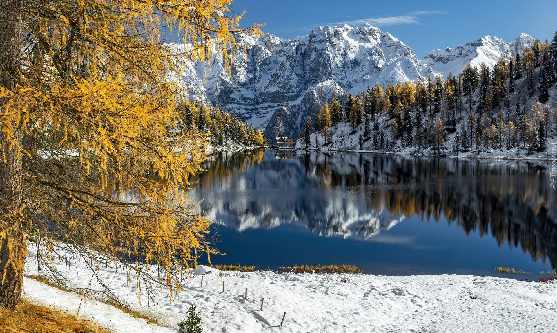 Góry, Jezioro, Lago delle Malghette, Drzewa, Dom, Odbicie, Zima, Włochy