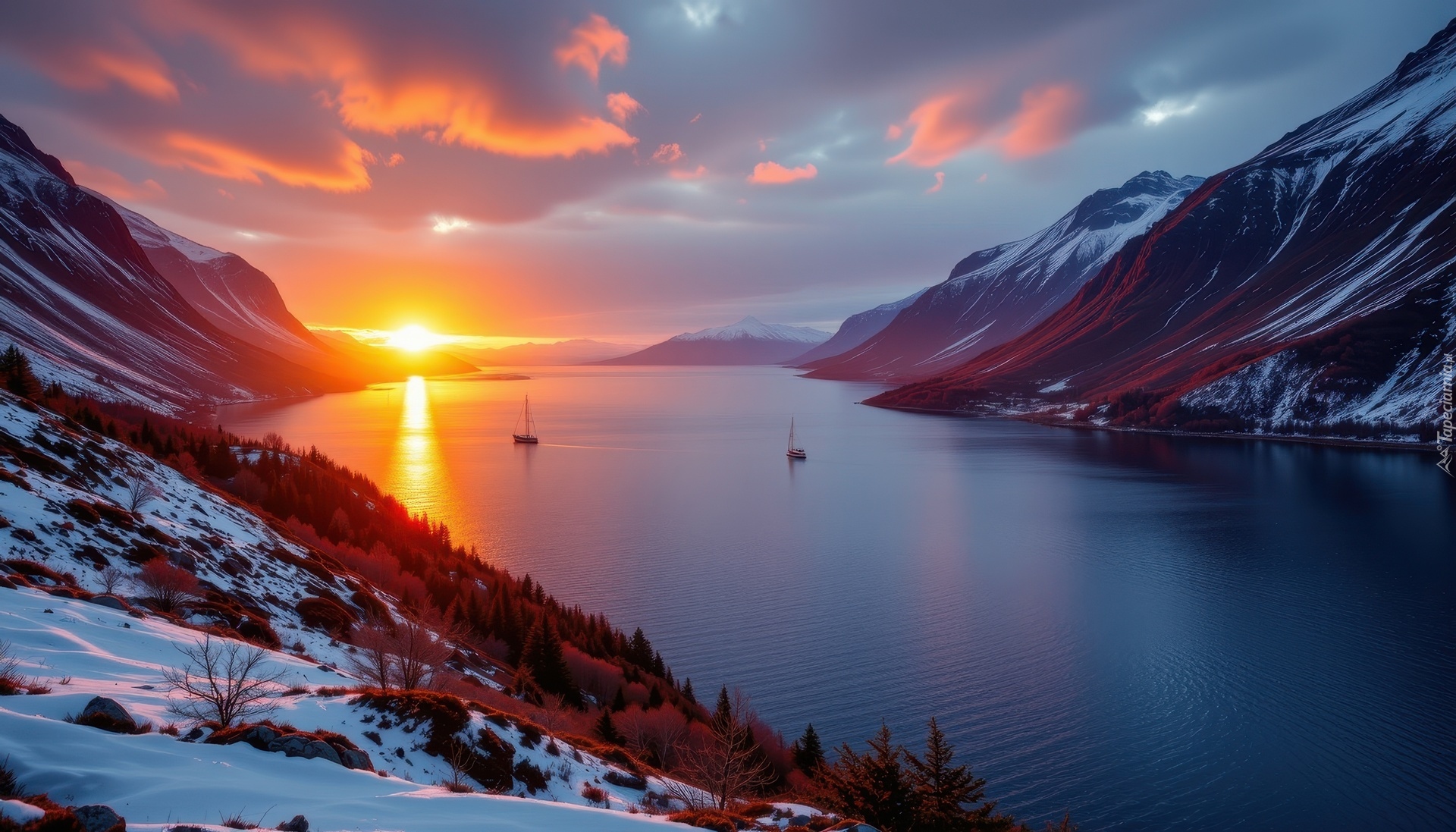 Rzeka, Góry, Zachód słońca, Grafika AI