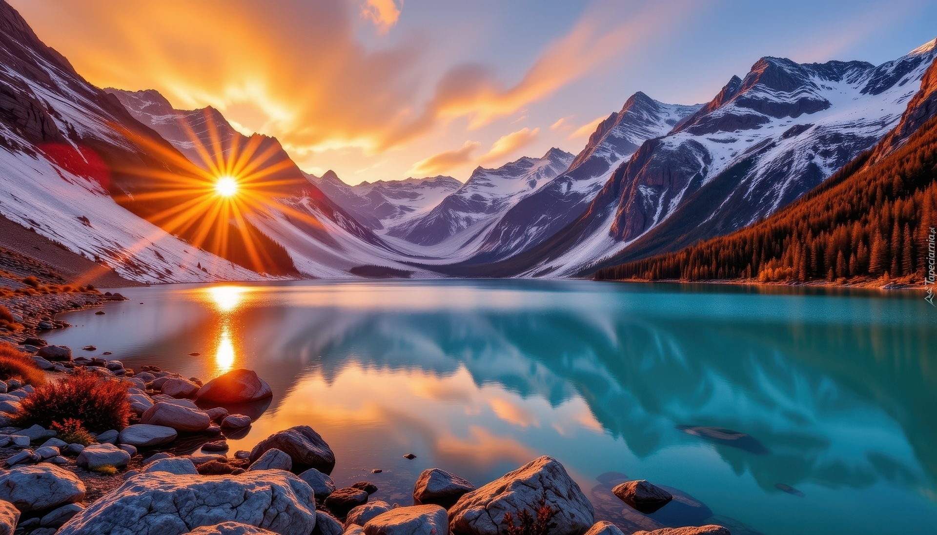 Jezioro, Góry, Promienie słońca, Grafika AI