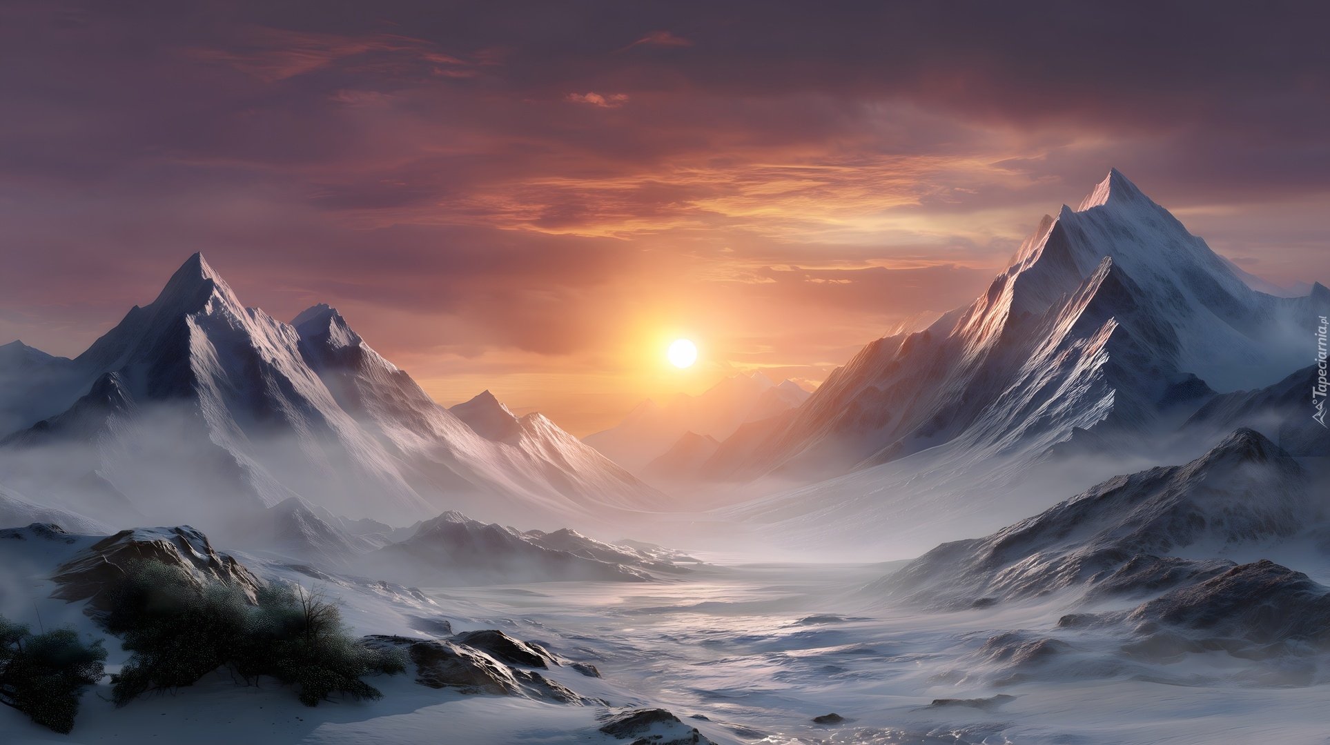 Zima, Góry, Mgła, Zachód słońca, Grafika AI