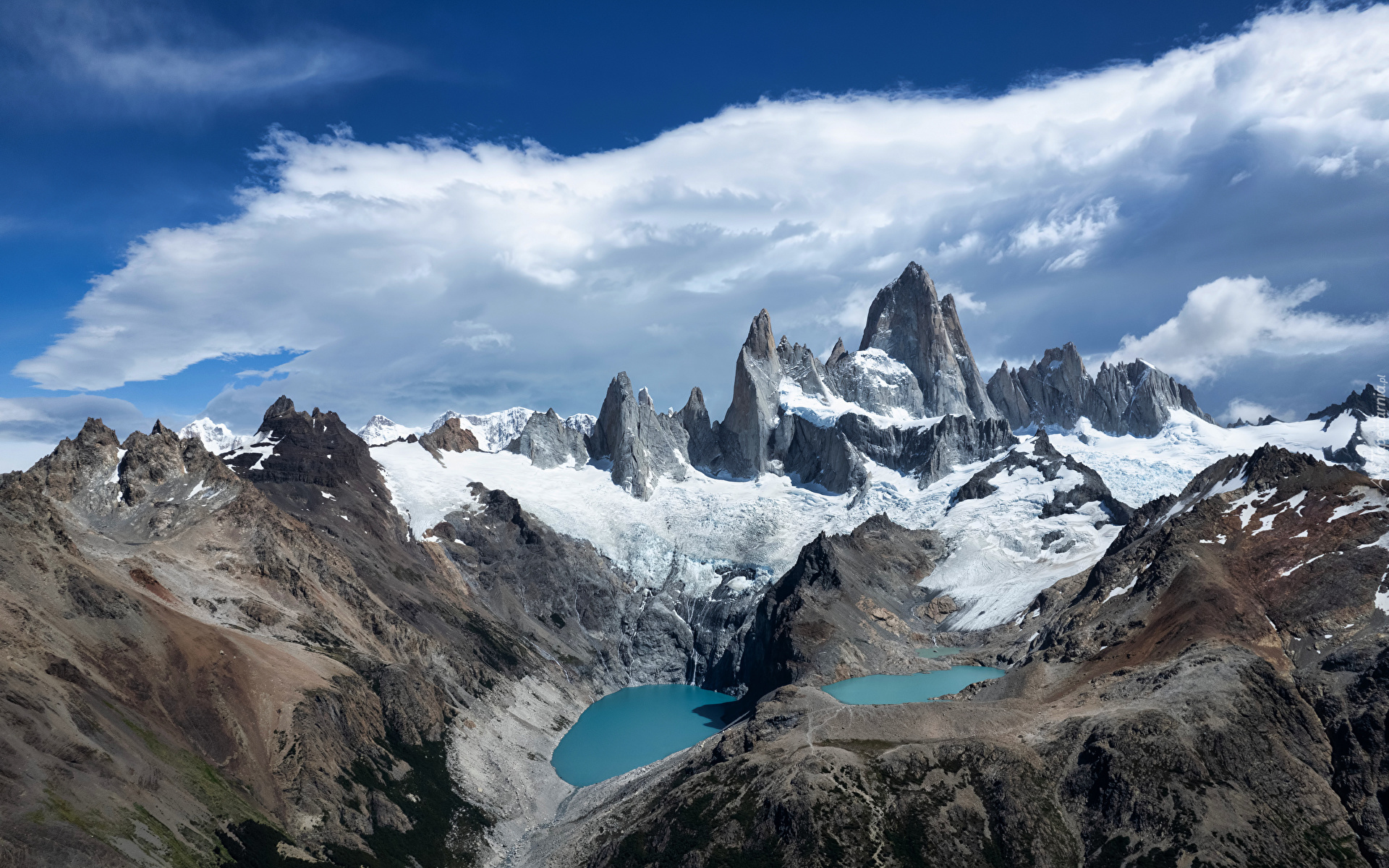 Argentyna, Patagonia, Ośnieżone, Góry, Szczyt Fitz Roy, Jeziora, Niebo