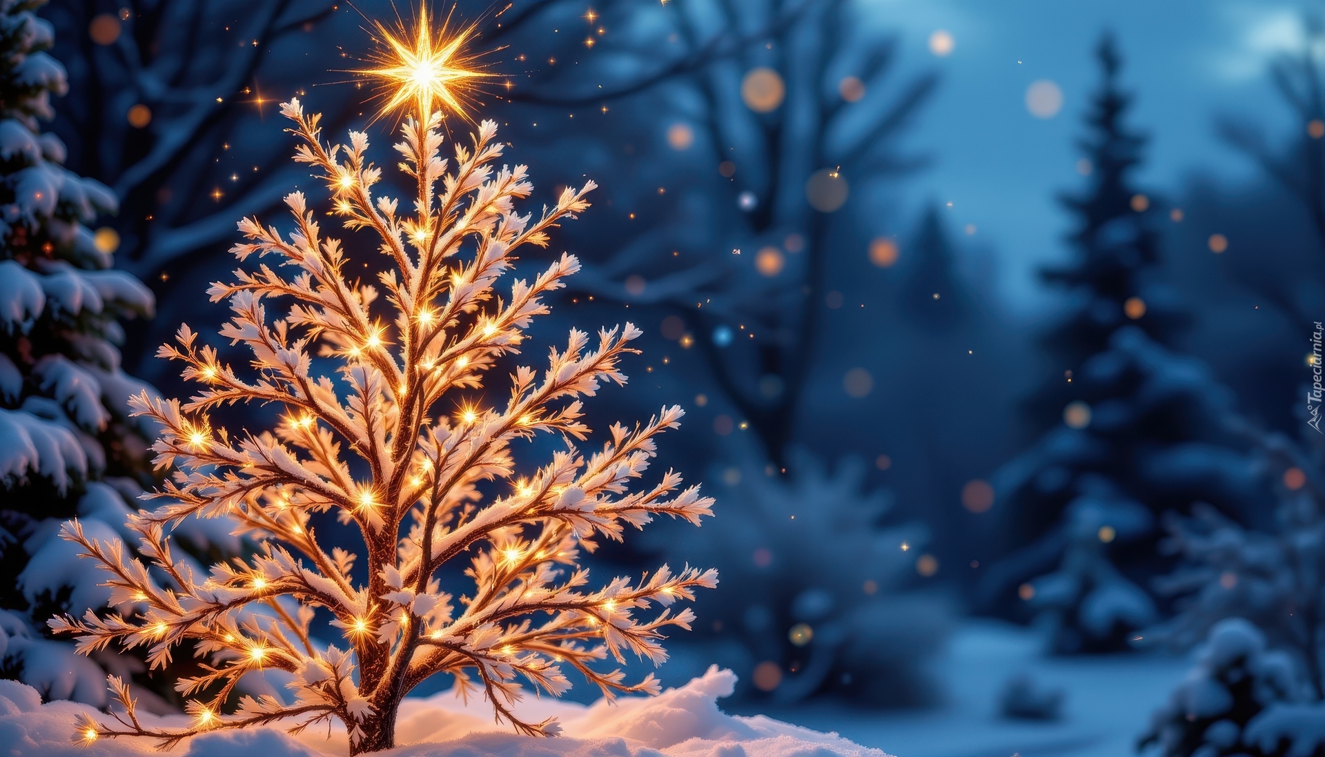 Drzewa, Oświetlone, Gwiazda, Śnieg, AI