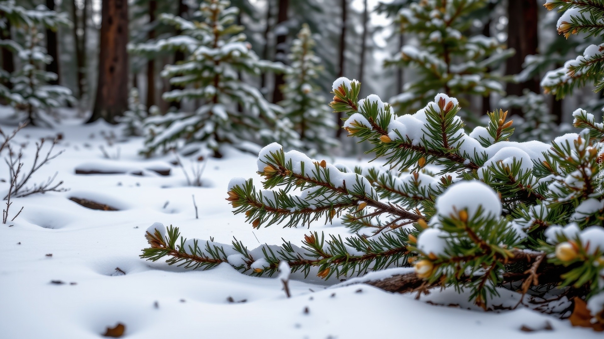 Zima, Las, Gałązki, Śnieg