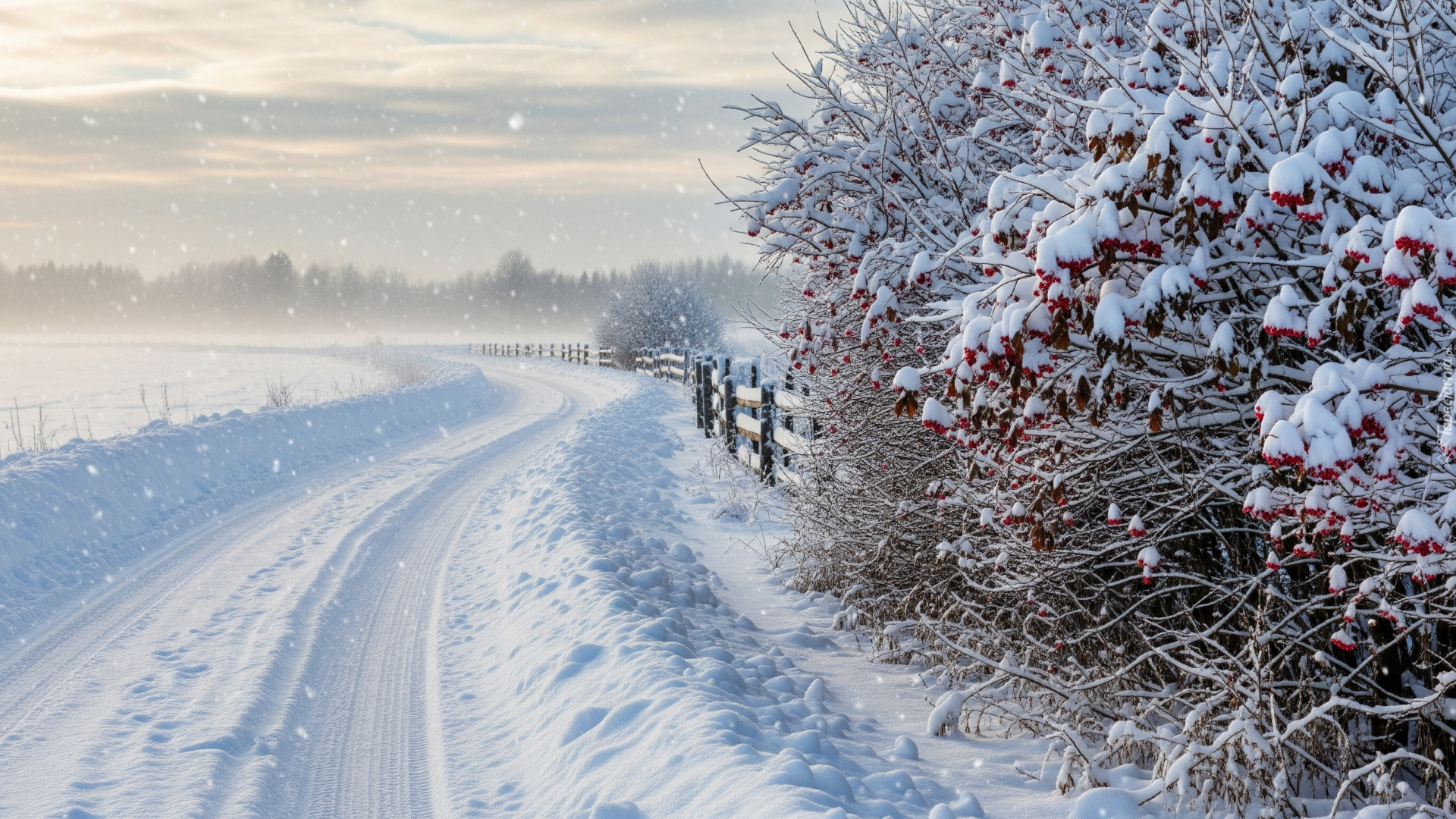 Zima, Droga, Śnieg, Ośnieżone, Krzewy, Ogrodzenie, Drzewa, Mgła