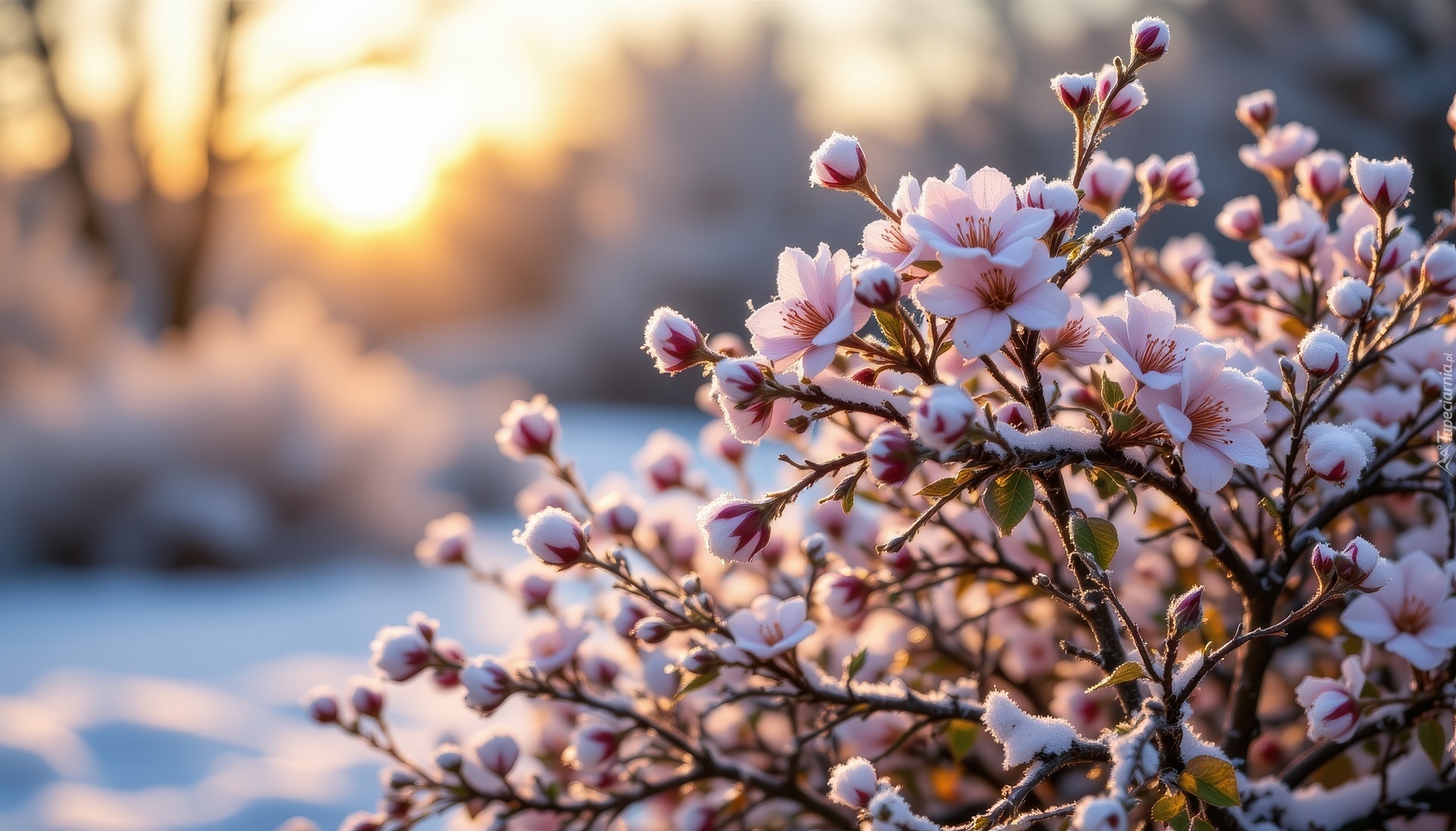 Ośnieżone, Kwiaty, Krzew, Grafika AI