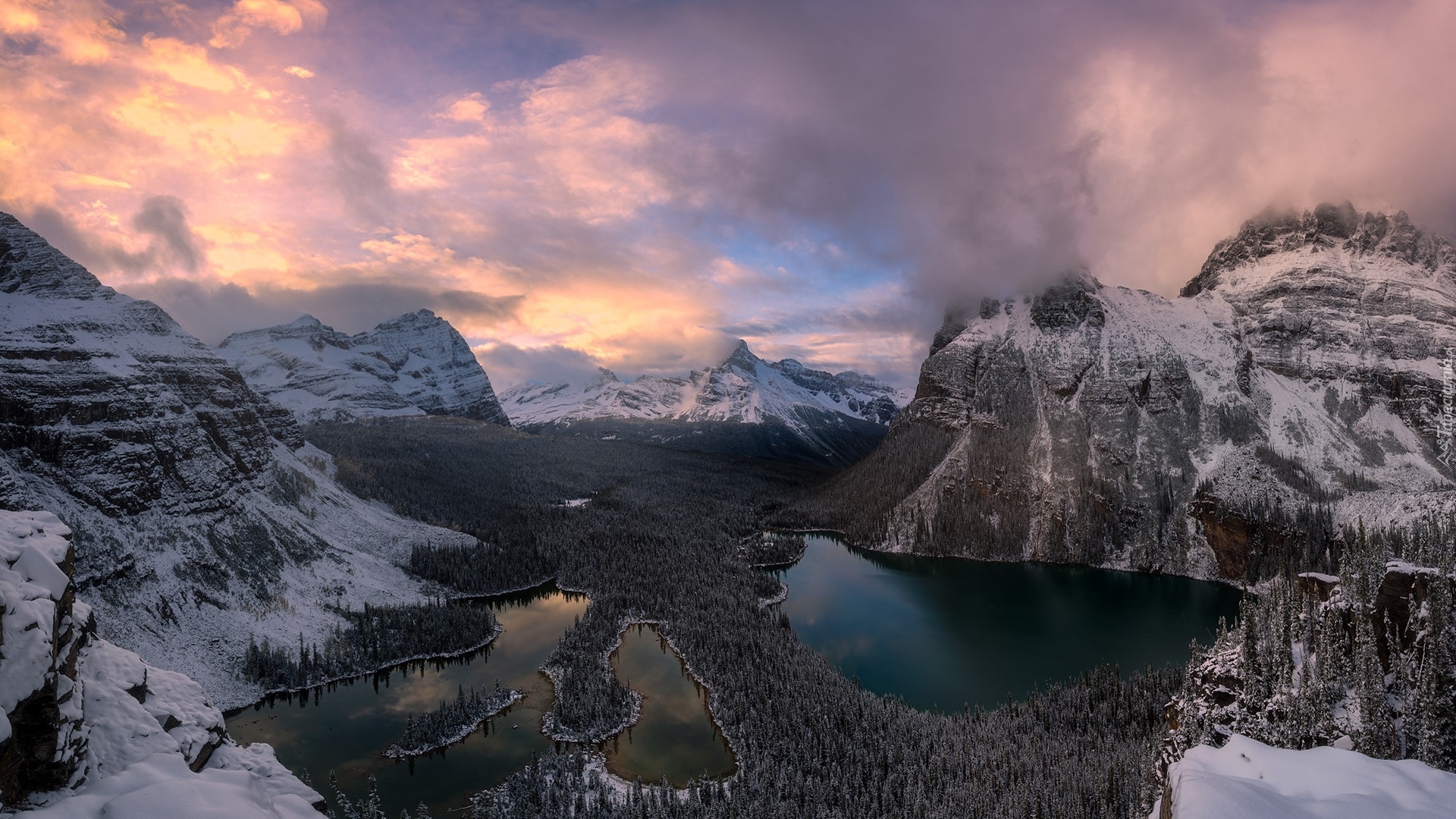 Kanada, Kolumbia Brytyjska, Park Narodowy Yoho, Jezioro, Mary Lake, Lake OHara, Góry, Zima, Chmury