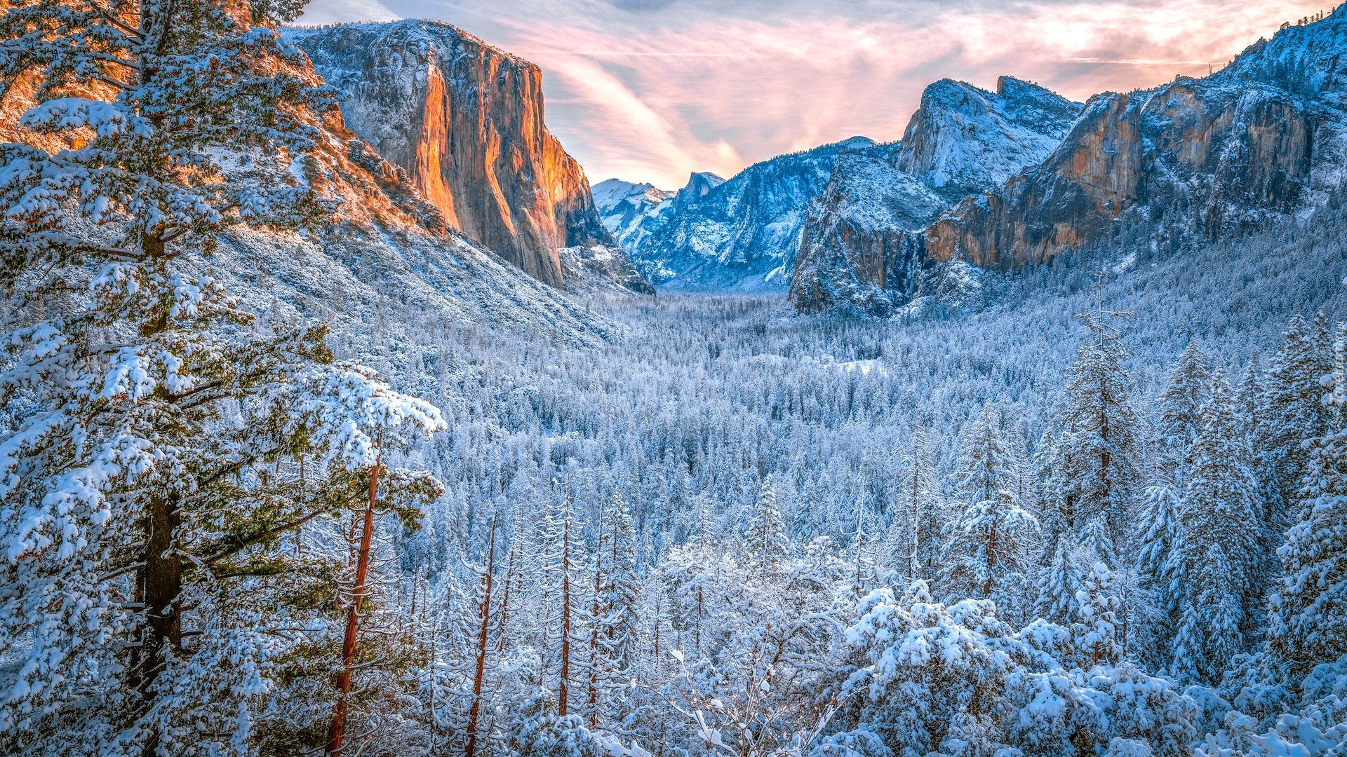 Stany Zjednoczone, Park Narodowy Yosemite, Dolina, Yosemite Valley, Góra, El Capitan, Zima, Drzewa, Ośnieżone, Skały