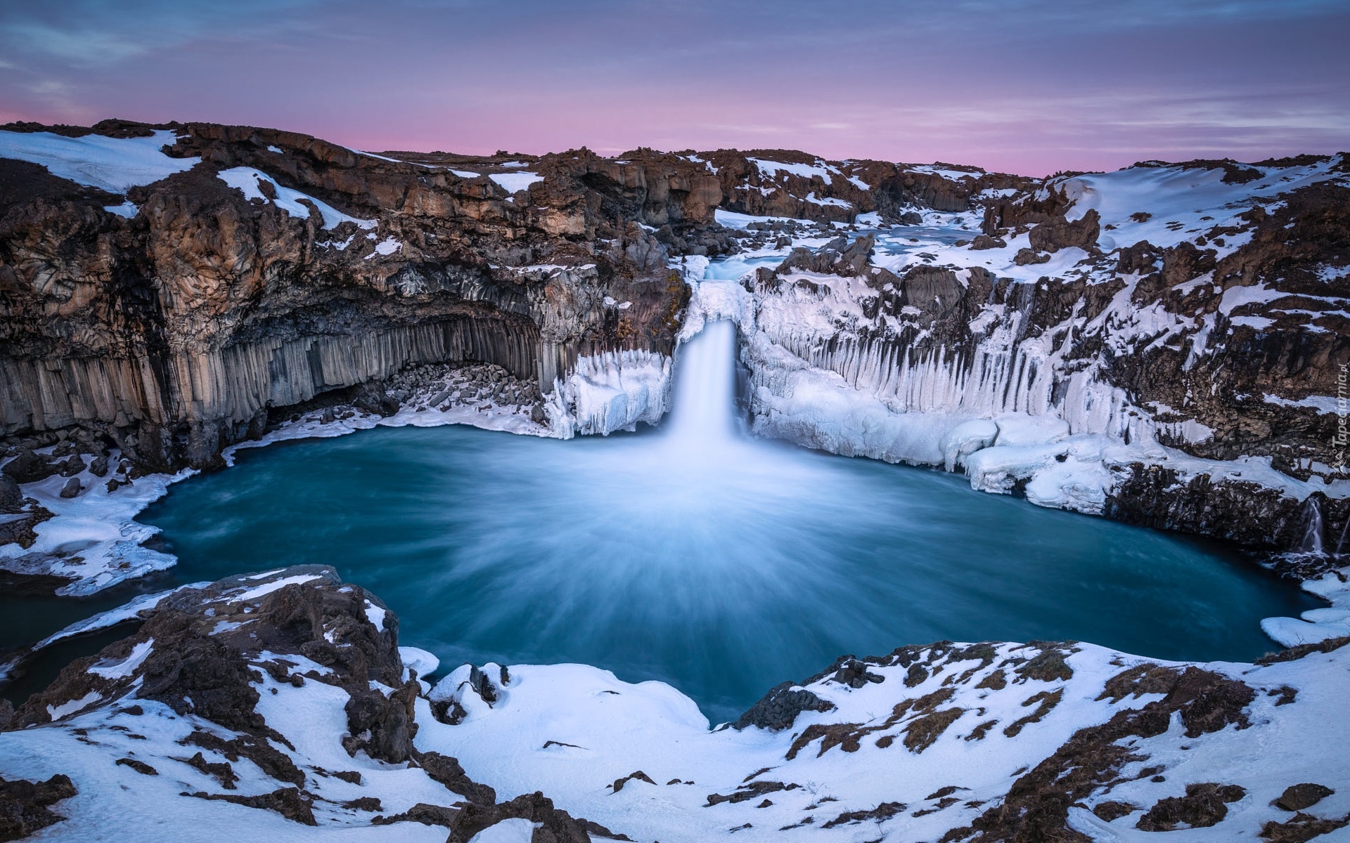 Islandia, Wodospad, Aldeyjarfoss, Bazaltowe, Skały, Rzeka Skjalfandafljot, Zima