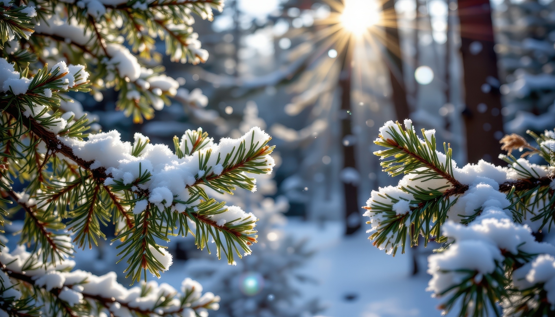 Ośnieżone, Gałązki, Świerk, Zima, Las, Promienie słońca, Grafika AI