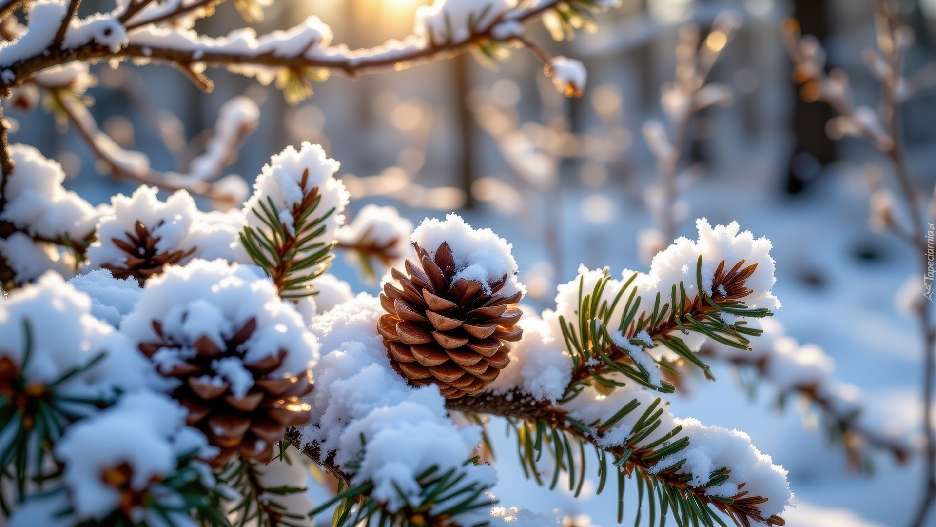 Zima, Ośnieżone, Gałązki, Jodła, Szyszki
