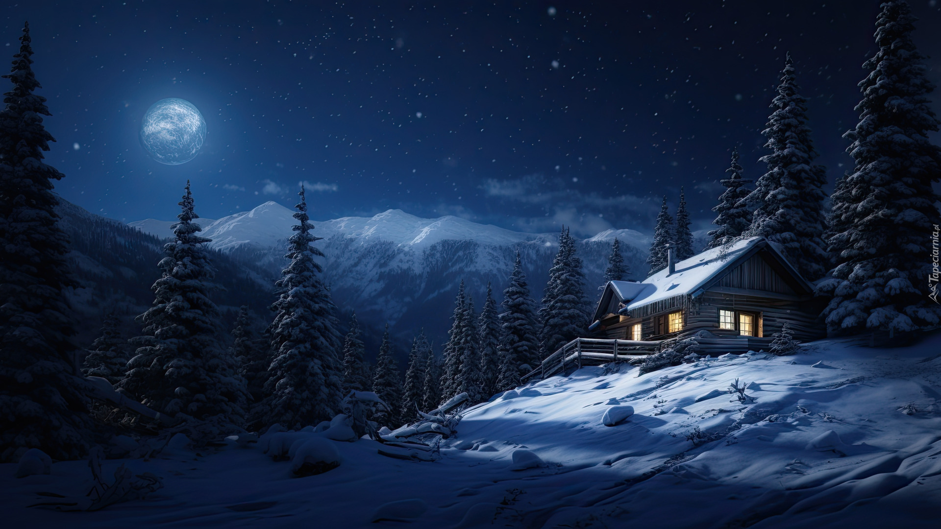 Zima, Dom, Góry, Księżyc, Drzewa