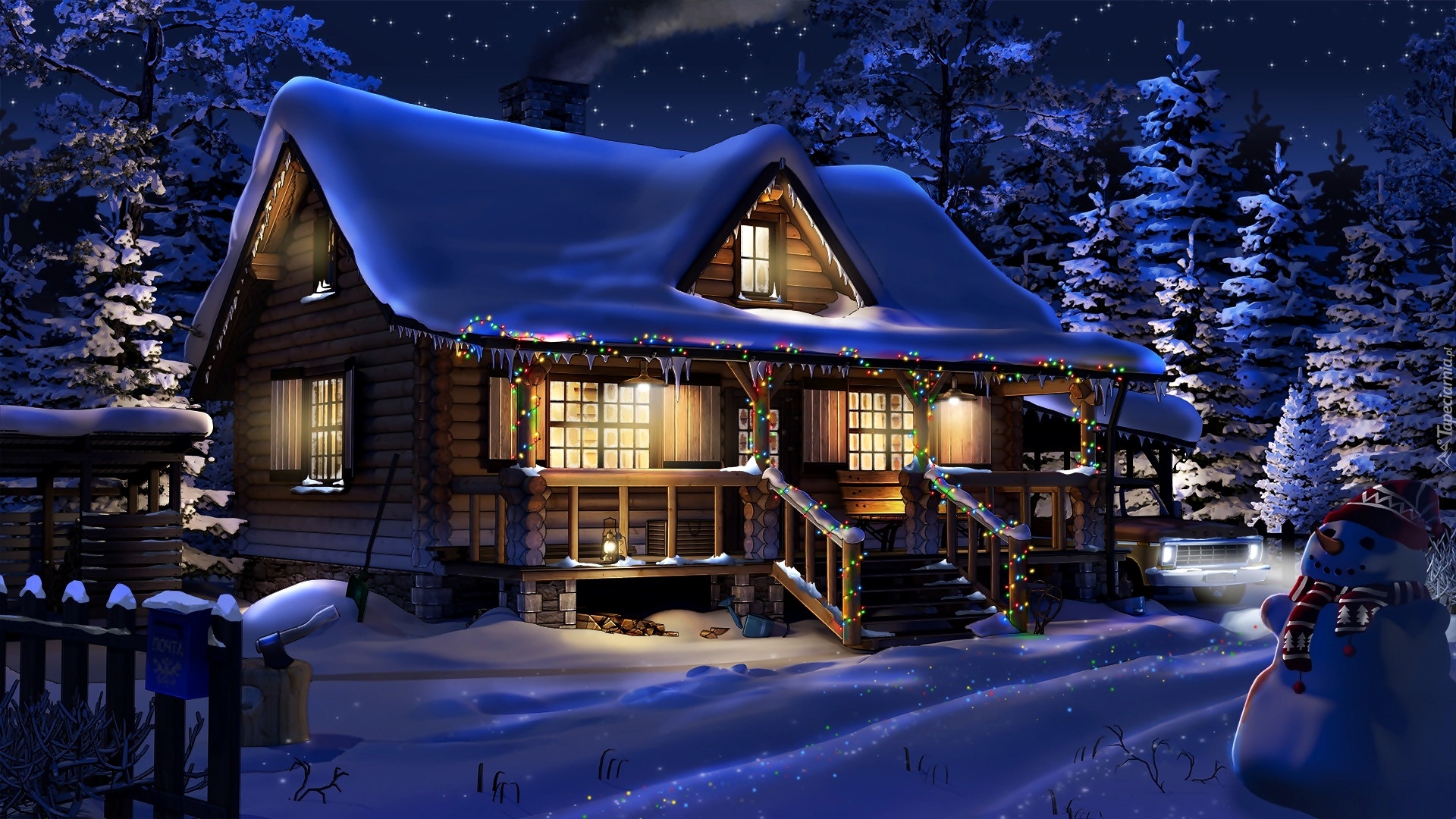Zima, Oświetlony, Dom, Świątecznie, Śnieg, Drzewa, Bałwan