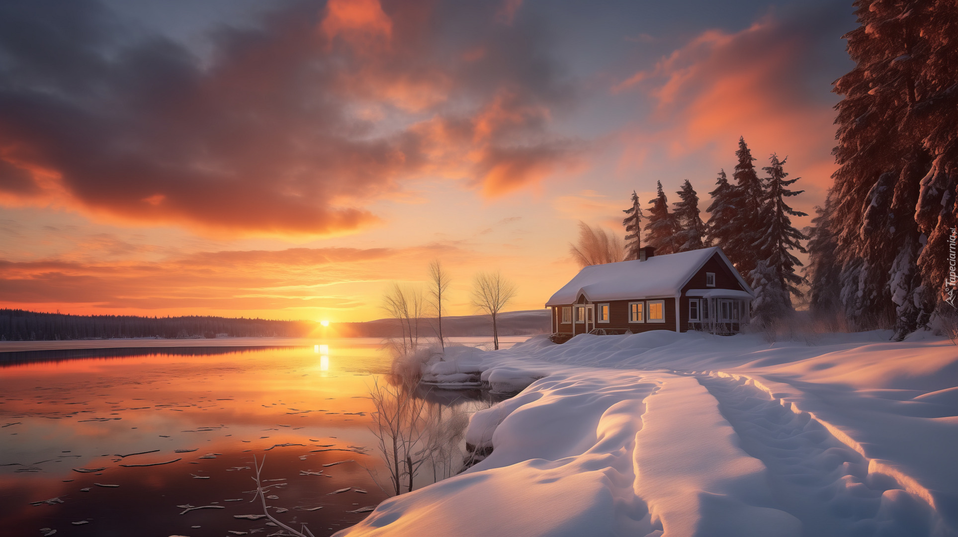 Zima, Jezioro, Dom, Zachód słońca, Grafika