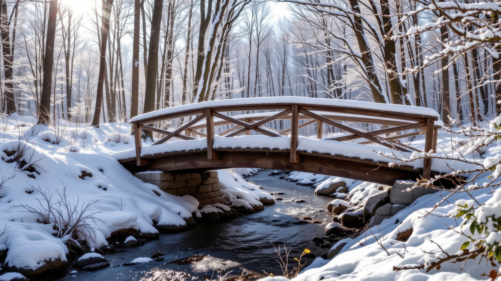 Zima, Drzewa, Las, Rzeka, Ośnieżony, Drewniany, Most, Śnieg