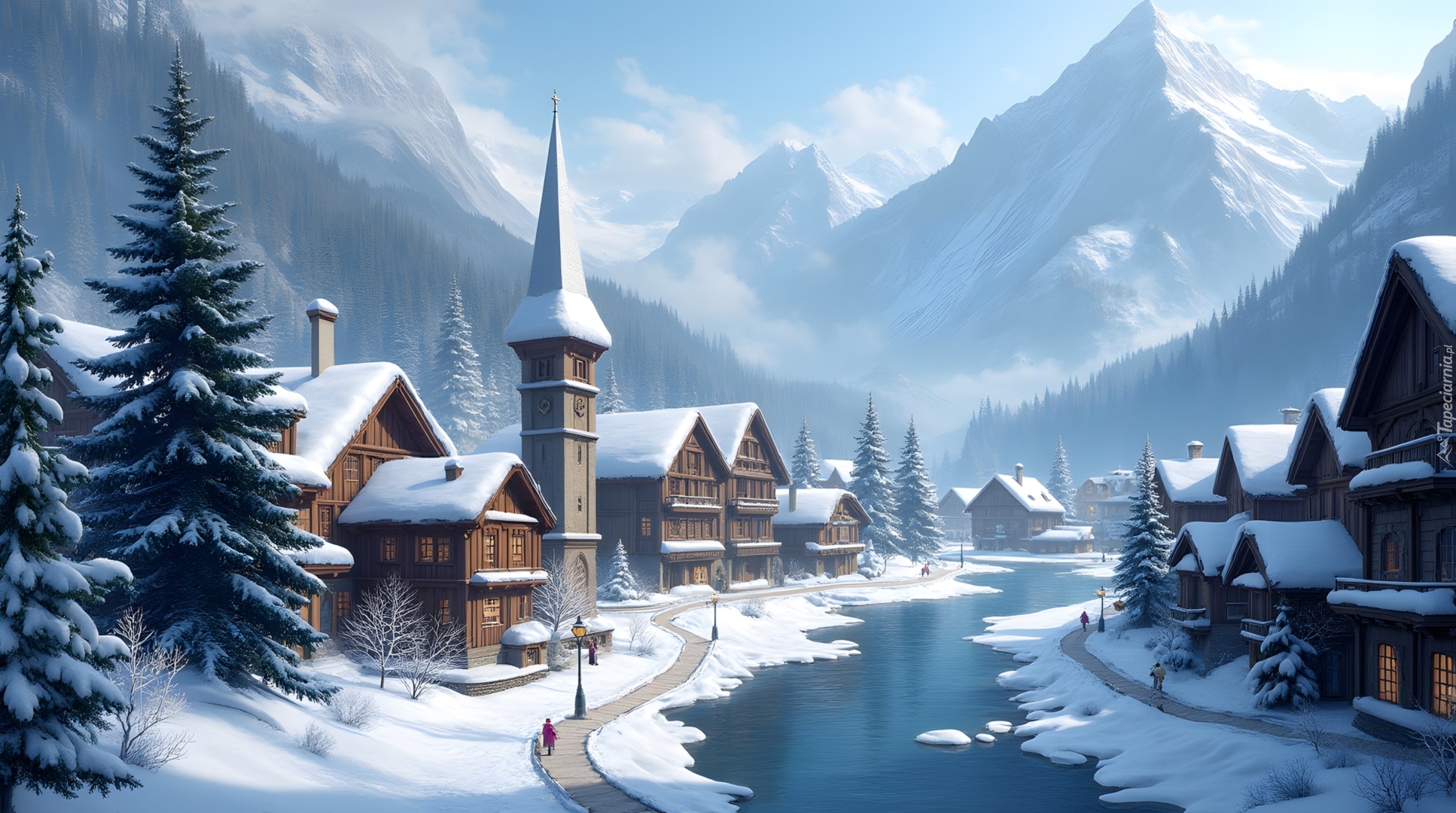 Zima, Domy, Kościół, Miasteczko, Rzeka, Góry