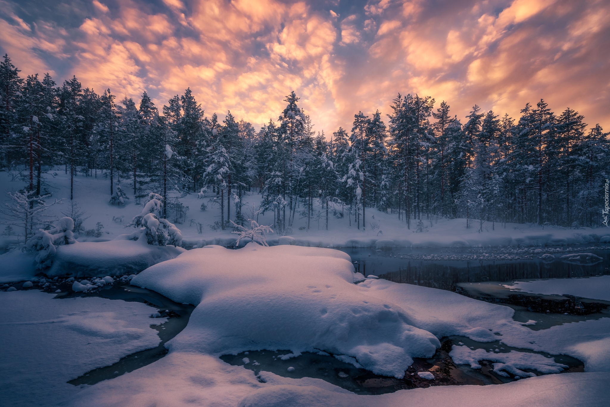 Norwegia, Gmina Ringerike, Zima, Jezioro, Drzewa, Las, Zachód słońca, Chmury