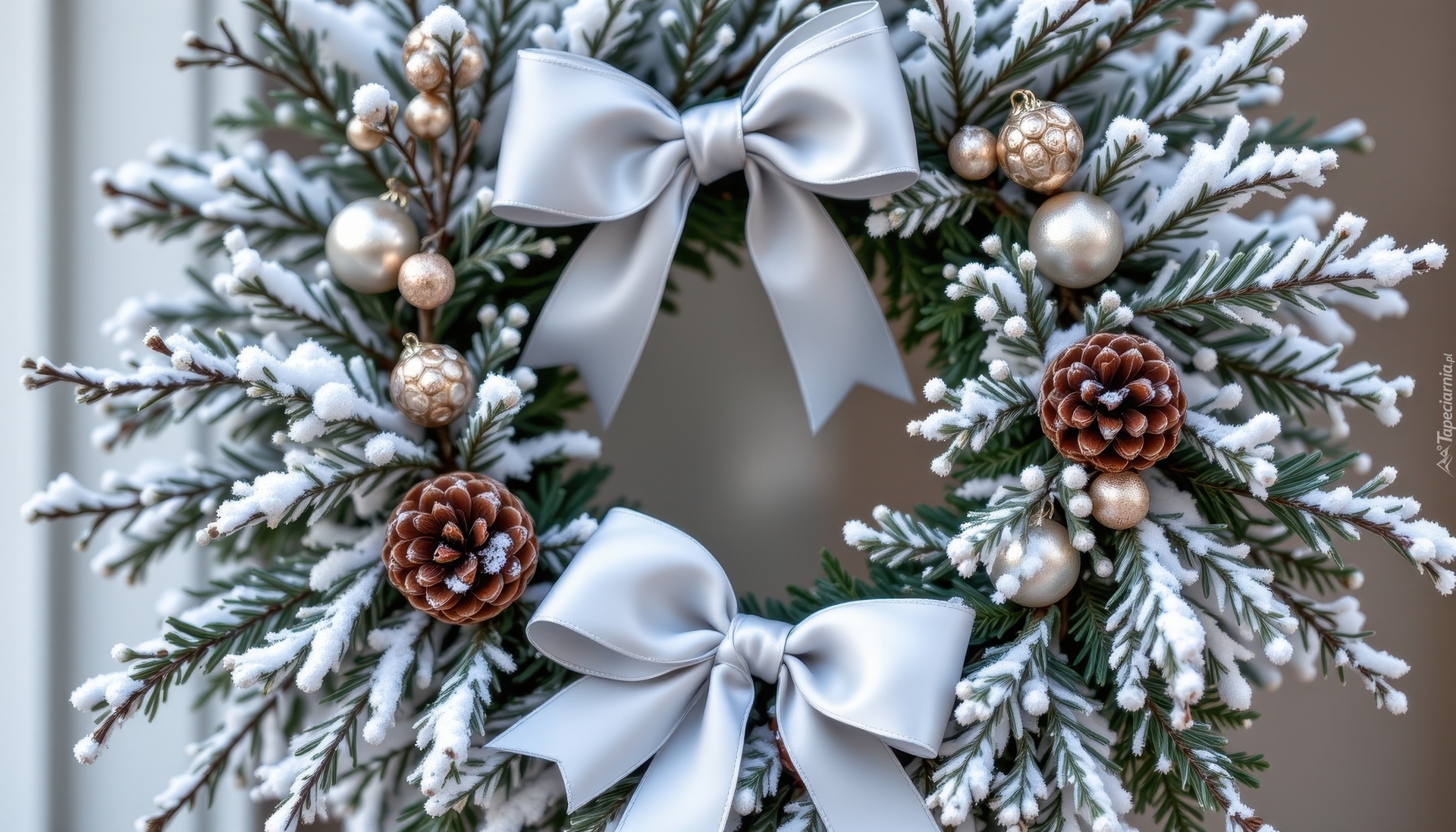 Boże Narodzenie, Wianek, Gałązki, Ośnieżone, Szyszki, Kokardy, Bombki, AI