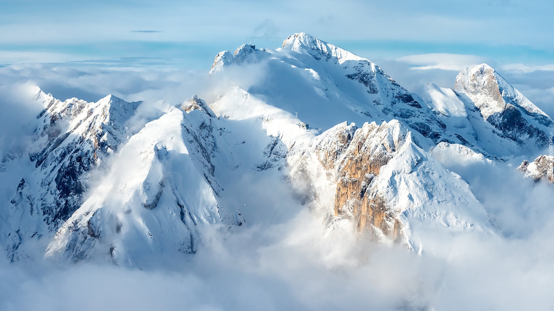 Góry, Dolomity, Szczyt, Marmolada, Zima, Śnieg, Mgła, Włochy