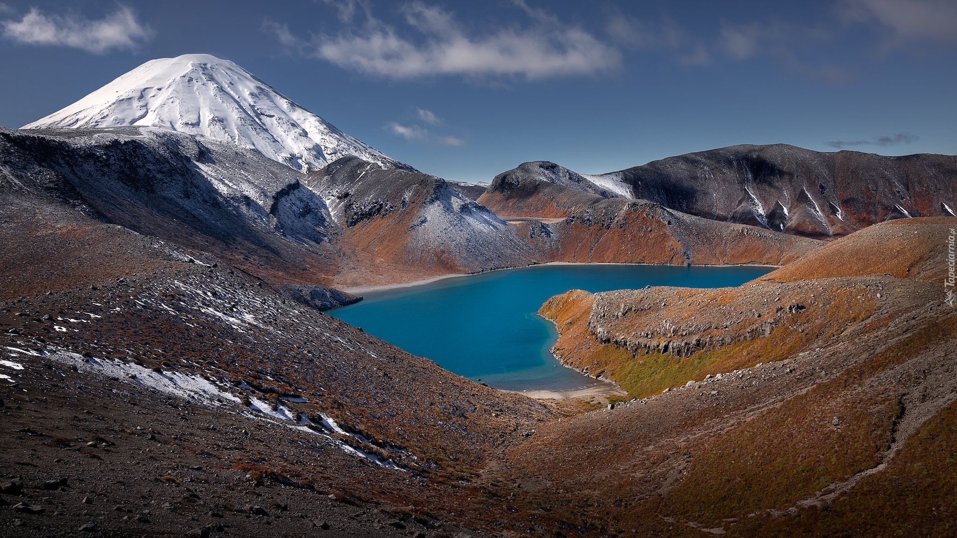 Park Narodowy Tongariro, Jezioro, Tama Lake, Góry, Ośnieżony, Wulkan Ngauruhoe, Region Manawatu-Wanganui, Wyspa Północna, Nowa Zelandia