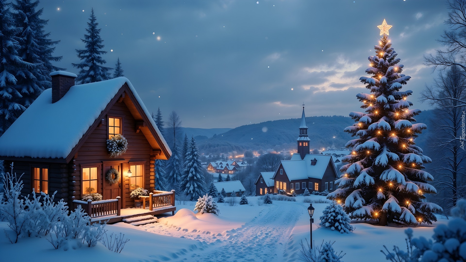 Boże Narodzenie, Dom, Oświetlony, Choinka, Kościół, Góry, Zima, AI