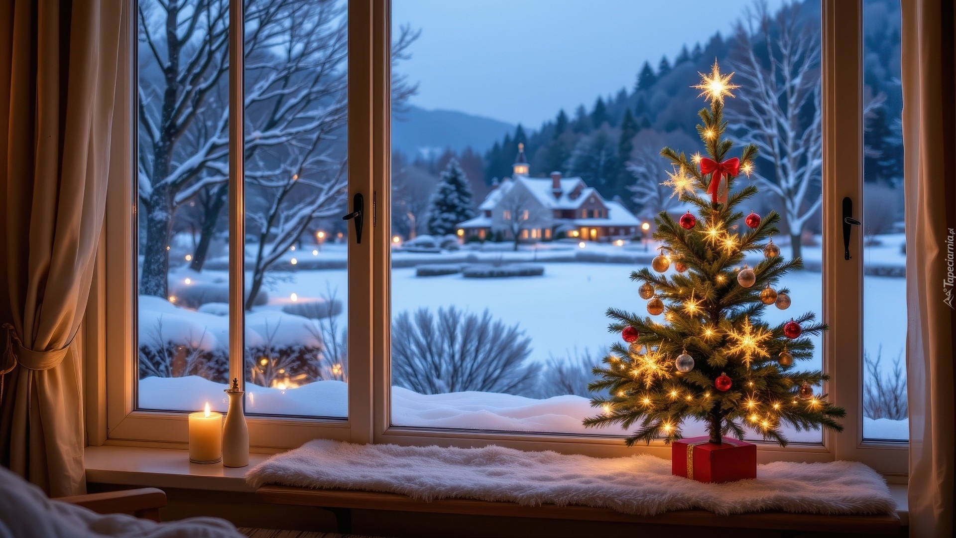 Okno, Oświetlona, Choinka, Świeca, Zima, Boże Narodzenie
