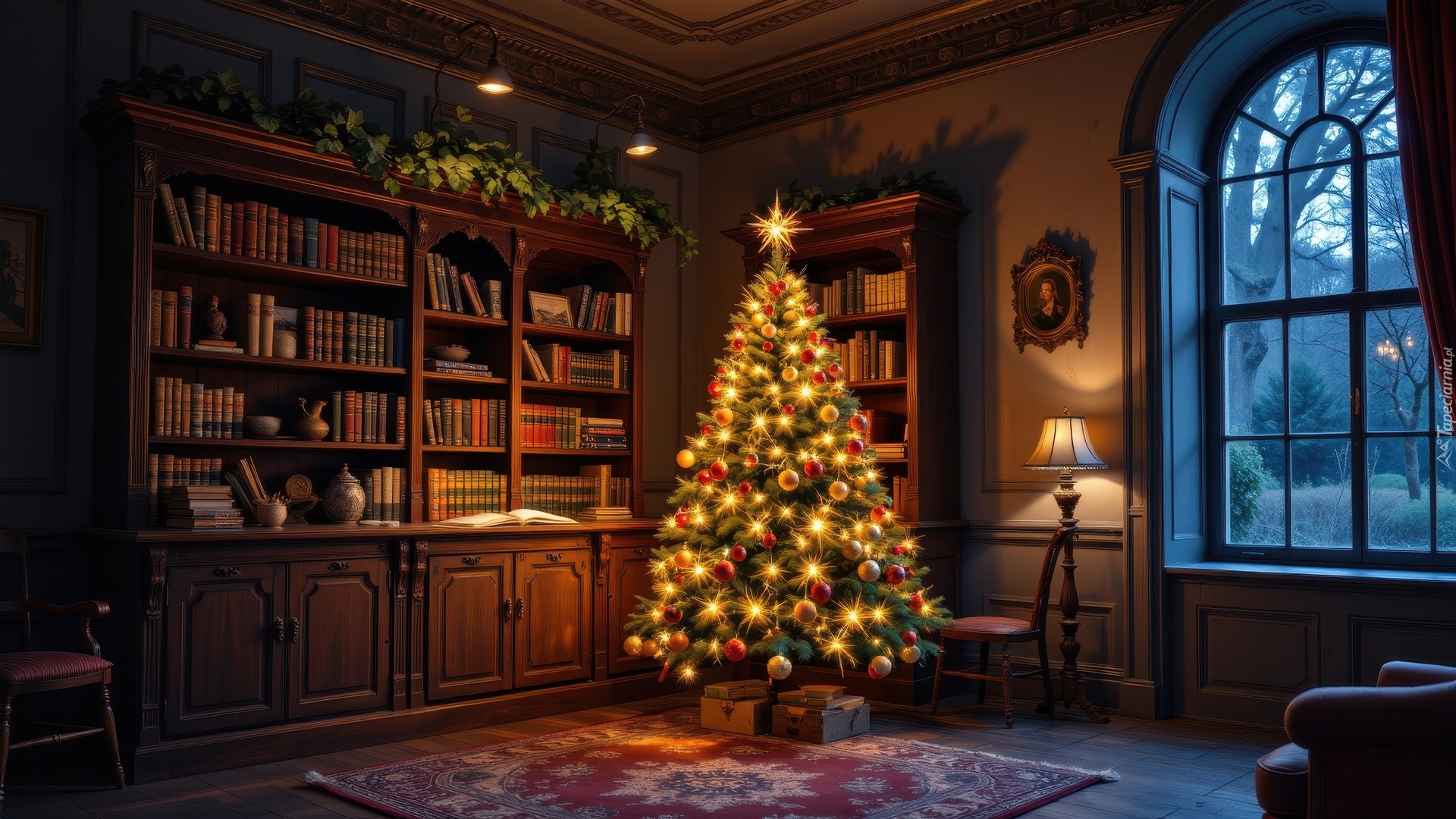 Pokój, Regały, Książki, Choinka, Boże Narodzenie, Okno, Grafika AI