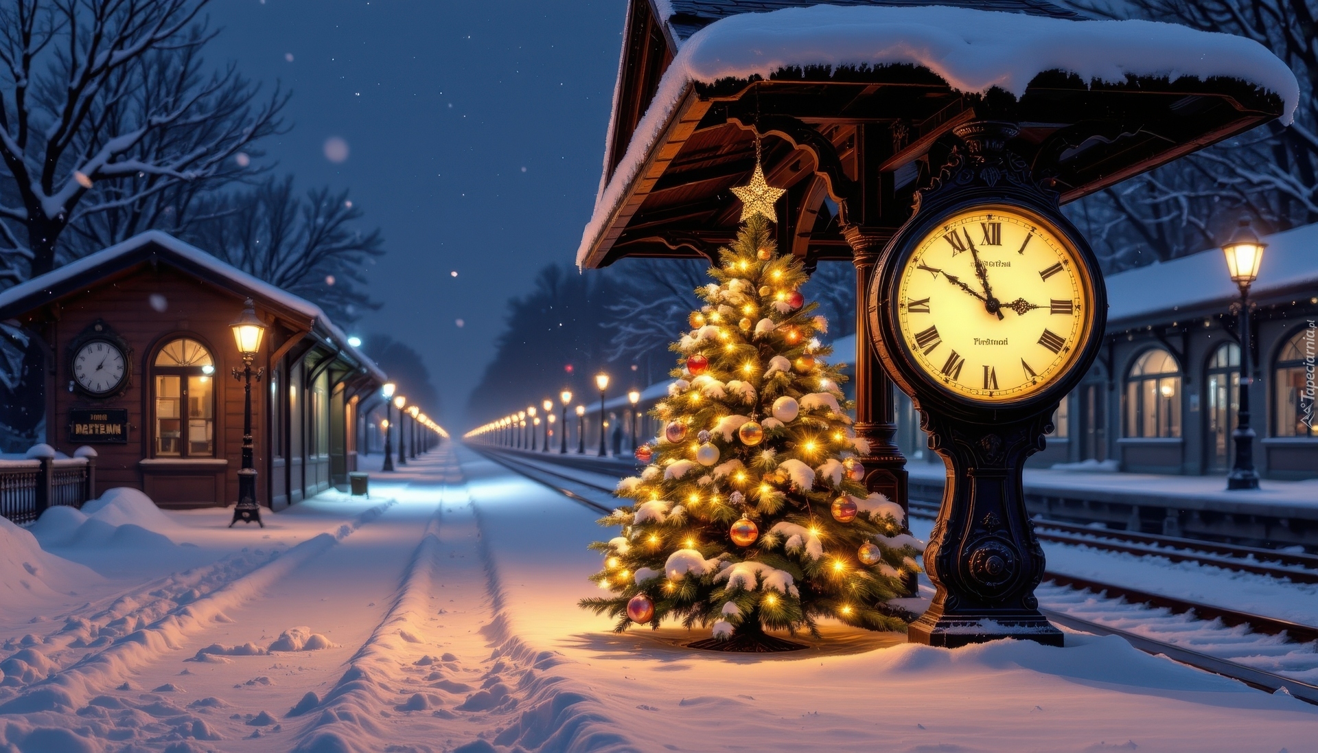 Boże Narodzenie, Zima, Choinka, Zegar, Stacja, Dworzec, Peron, Noc
