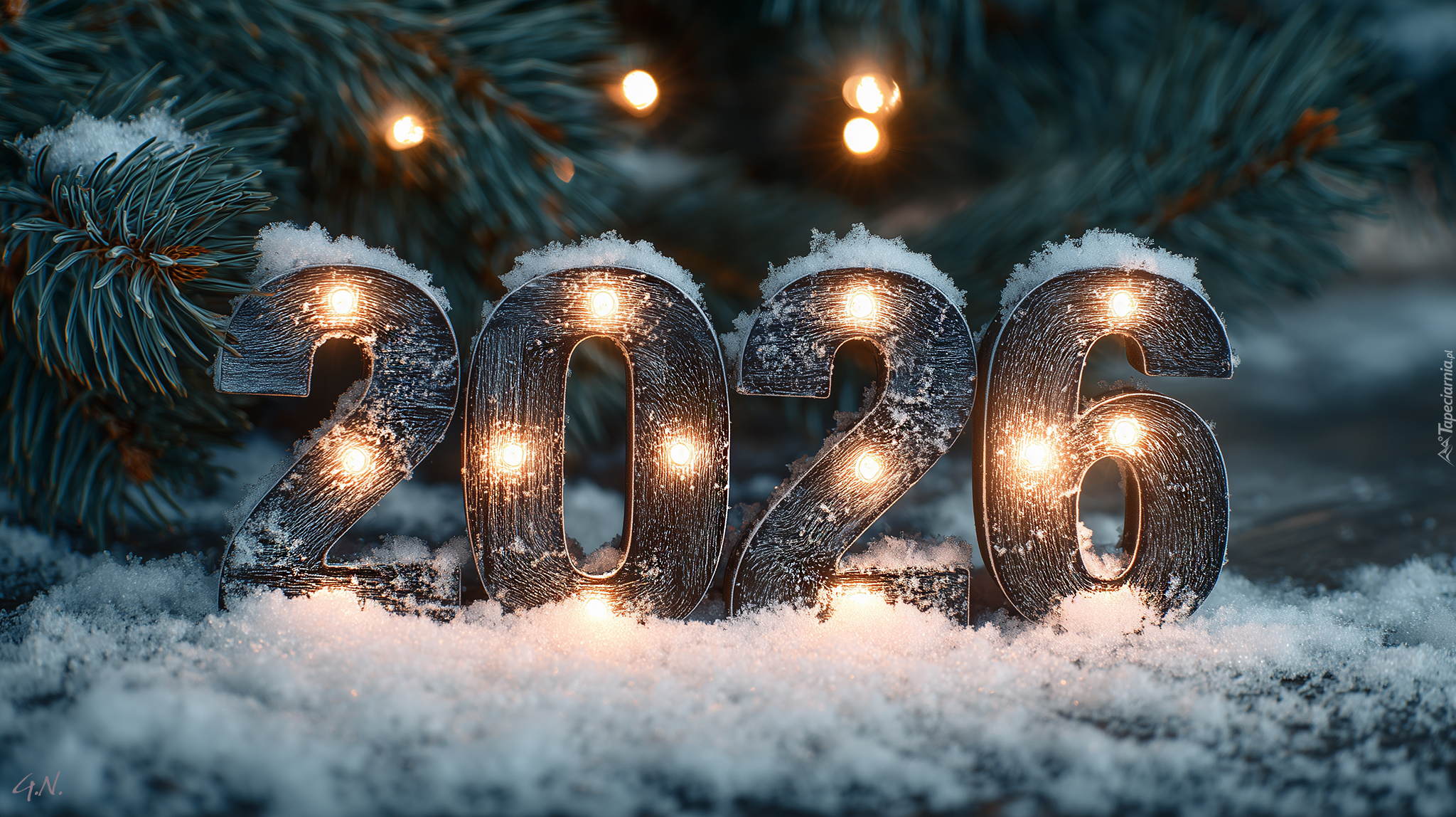 Cyfry, Nowy Rok, 2026, Choinka, Śnieg, Grafika AI
