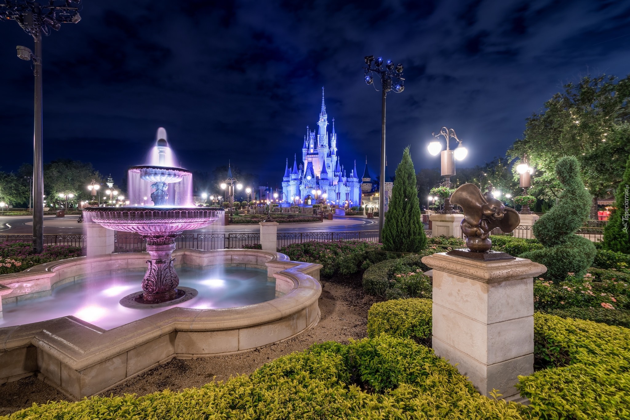 Stany Zjednoczone, Stan Floryda, Miasto Bay Lake, Walt Disney World Resort, Fontanna, Disneyland, Światła, Noc