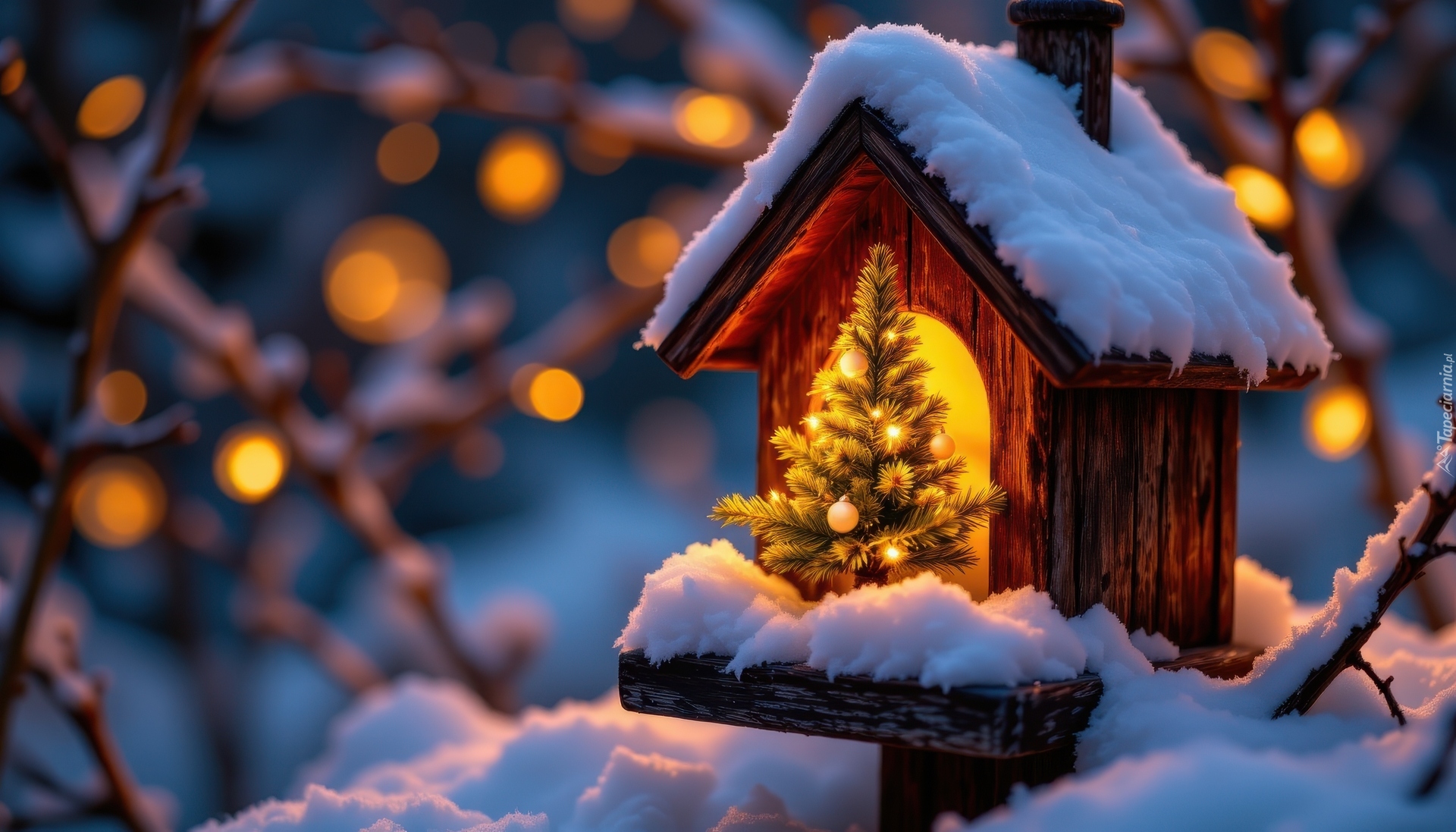 Zima, Domek, Dla, Ptaków, Śnieg, Choinka, Światełka, AI