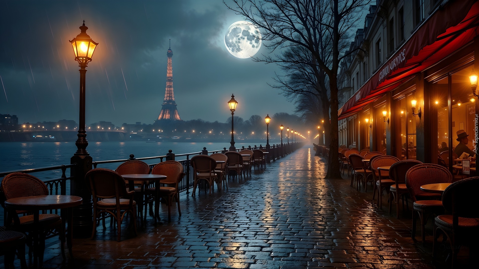 Bulwar, Restauracja, Latarnie, Deszcz, Noc, Paryż, Francja, Grafika AI