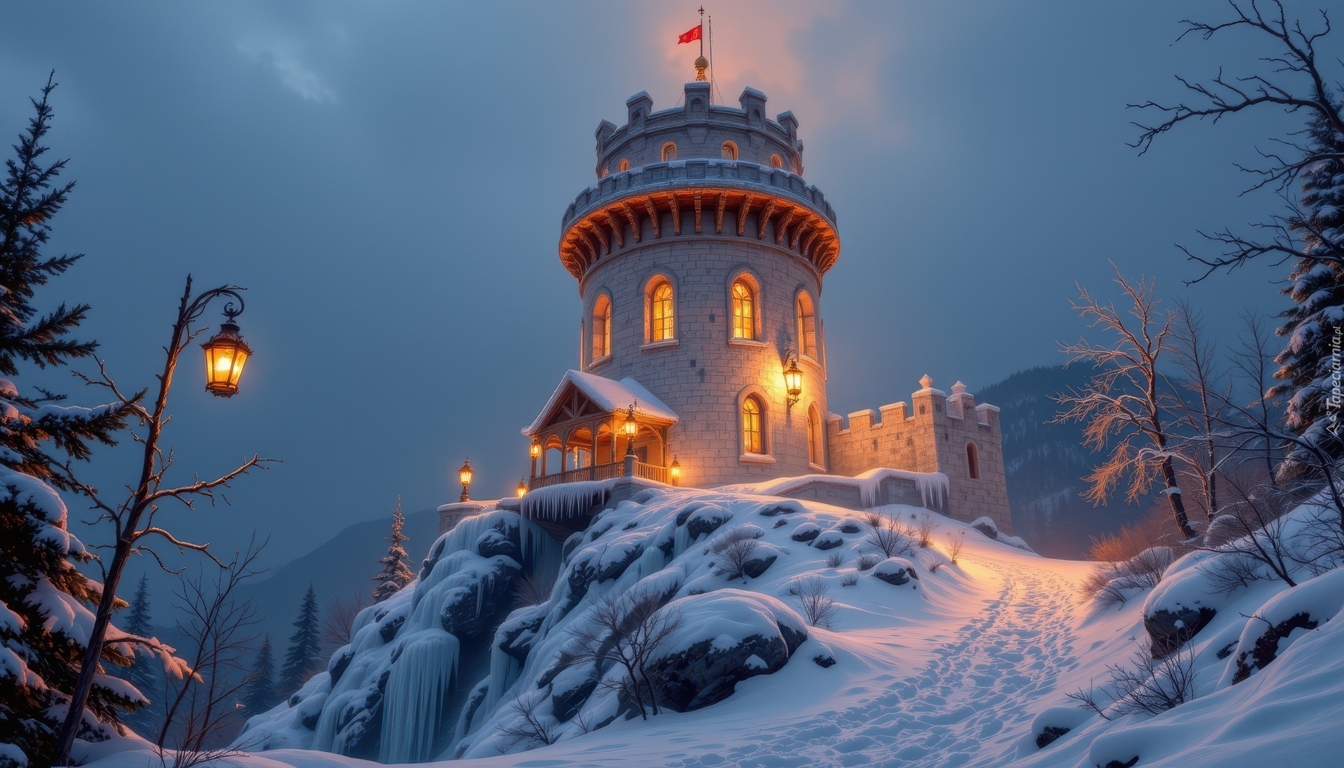 Zima, Oświetlona, Wieża, Skała