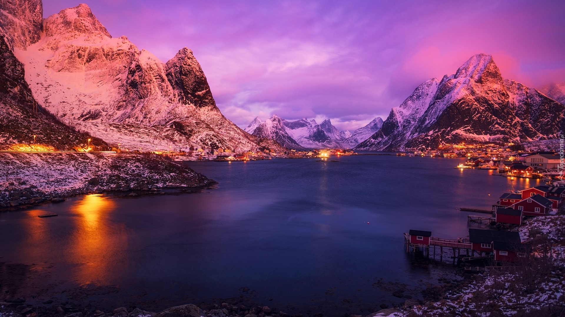 Norwegia, Lofoty, Góry, Morze Norweskie, Domy, Świała, Wioska Reine, Zima
