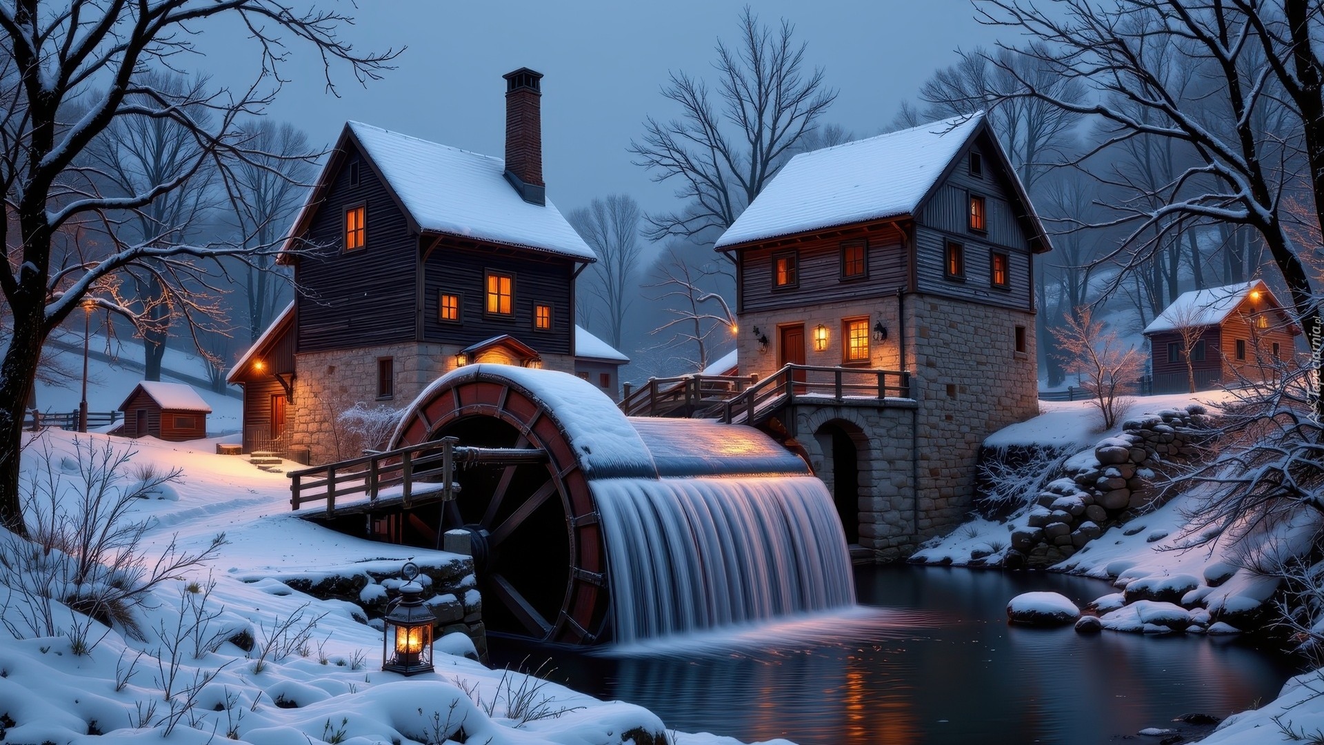 Zima, Noc, Młyn, Wodny, Rzeka, Oświetlone, Domy, Drzewa, Śnieg, AI