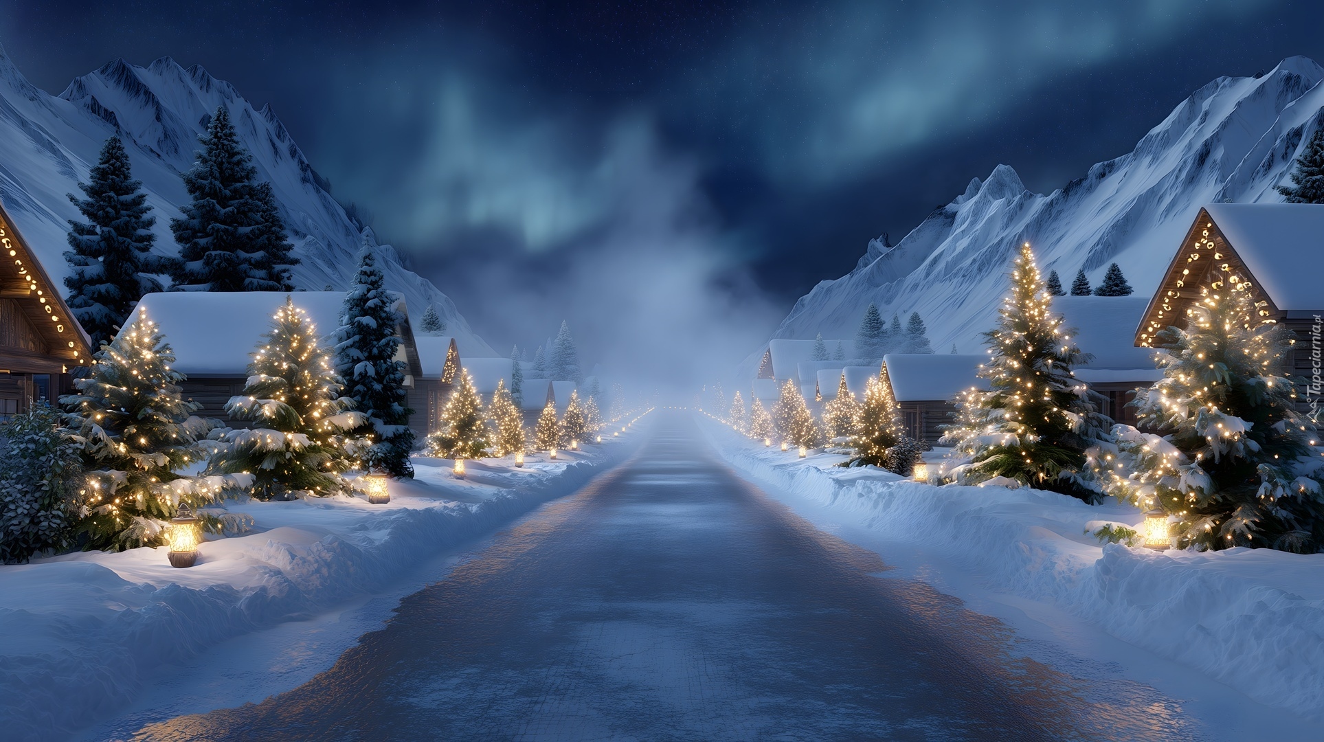 Zima, Droga, Choinki, Góry, Mgła, Boże Narodzenie, Grafika AI