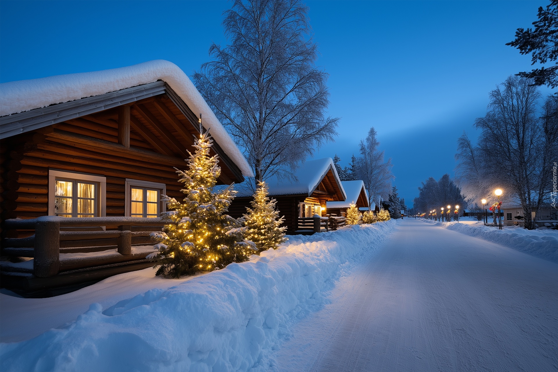 Zima, Droga, Domy, Choinki, Boże Narodzenie, Grafika AI