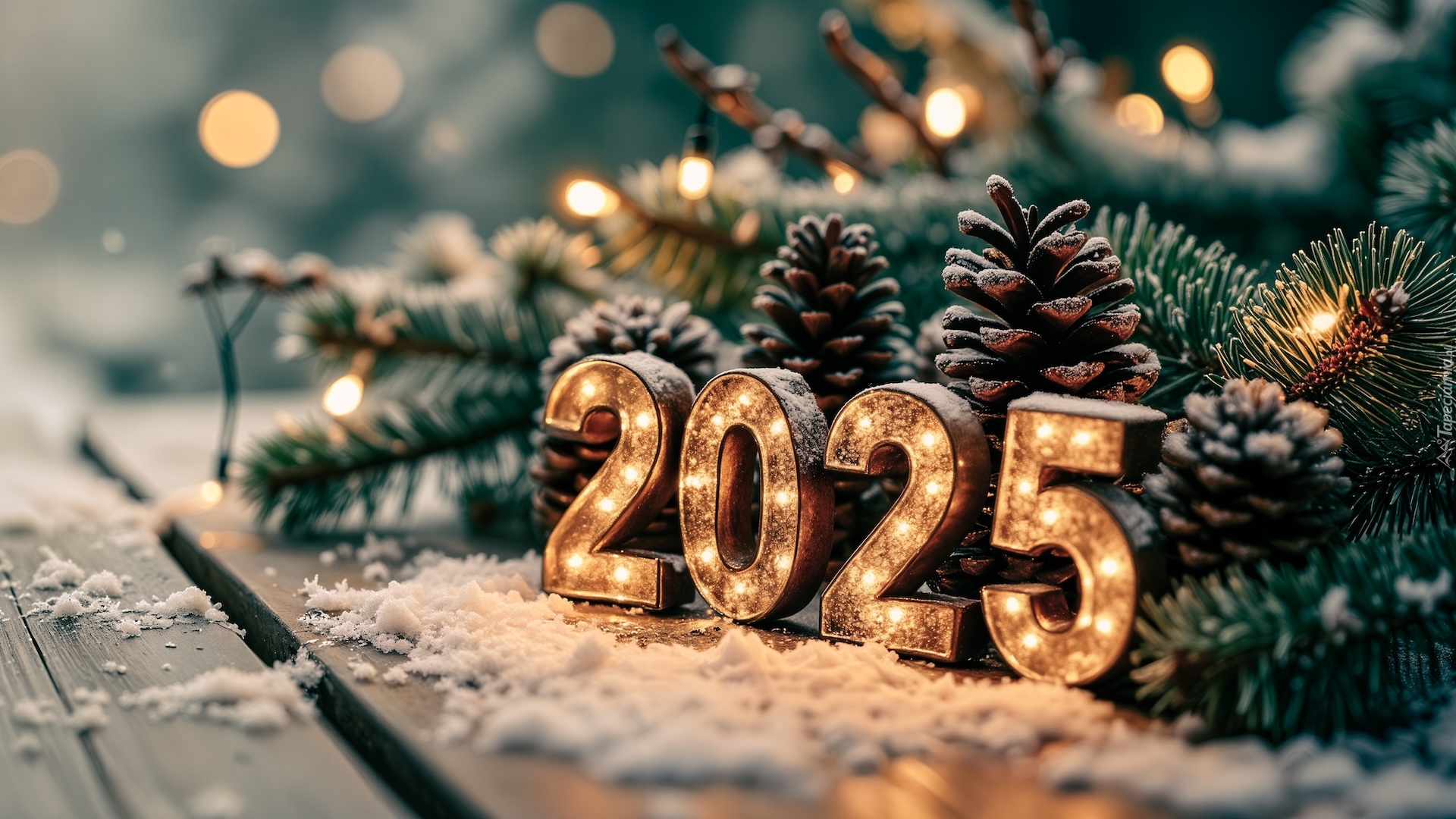 Sylwester, Nowy Rok, 2025, Gałązki, Szyszki, Śnieg