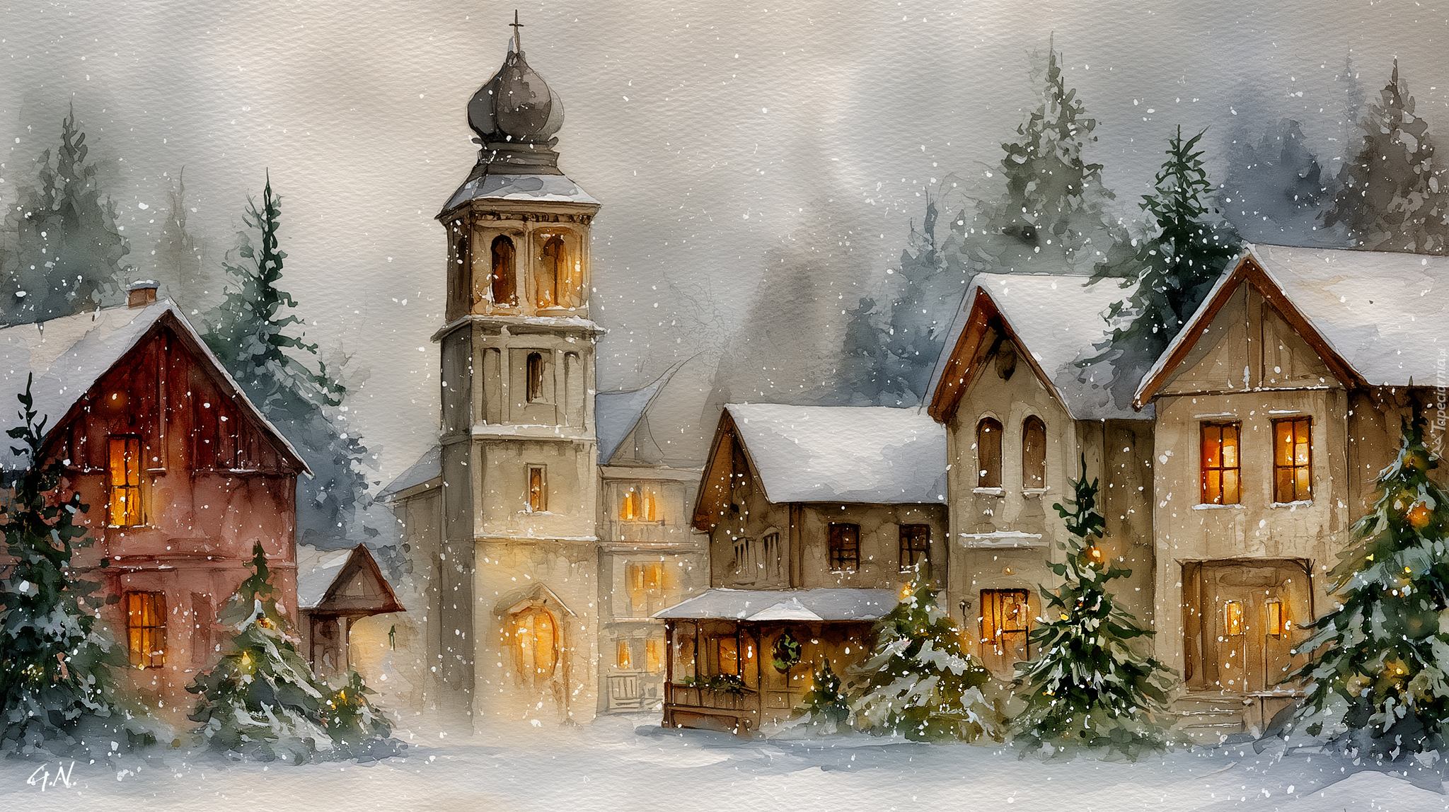 Domy, Kościół, Choinki, Zima, Grafika AI