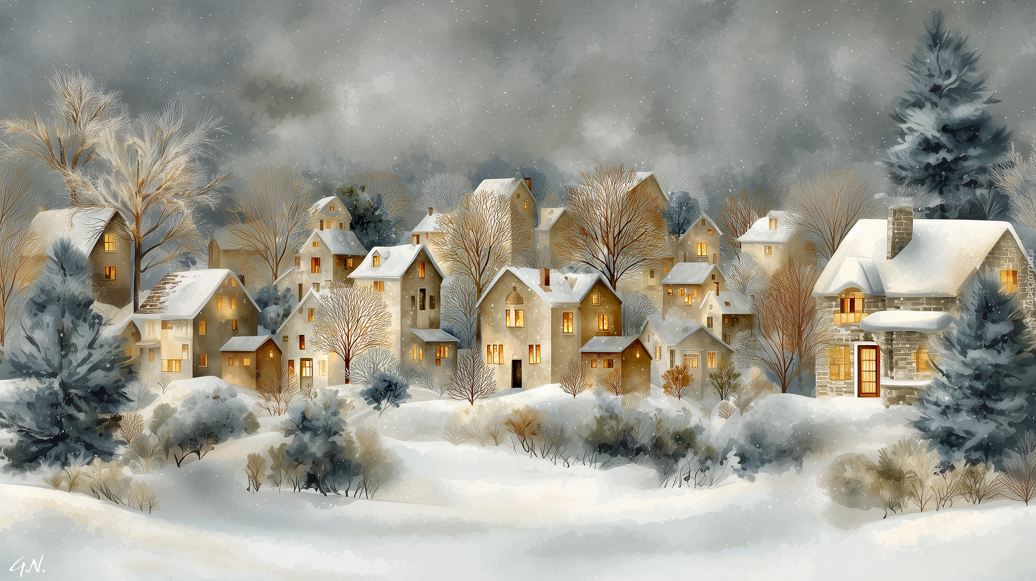 Domy, Choinki, Śnieg, Zima, Grafika AI