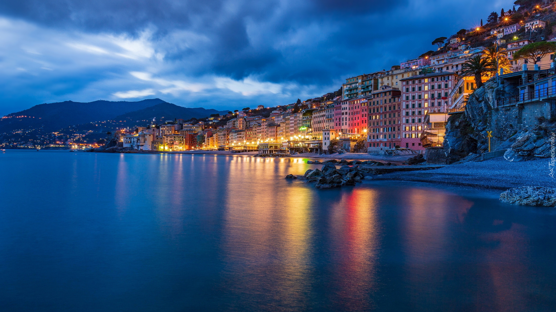 Wybrzeże, Oświetlone, Domy, Morze, Camogli, Liguria, Włochy