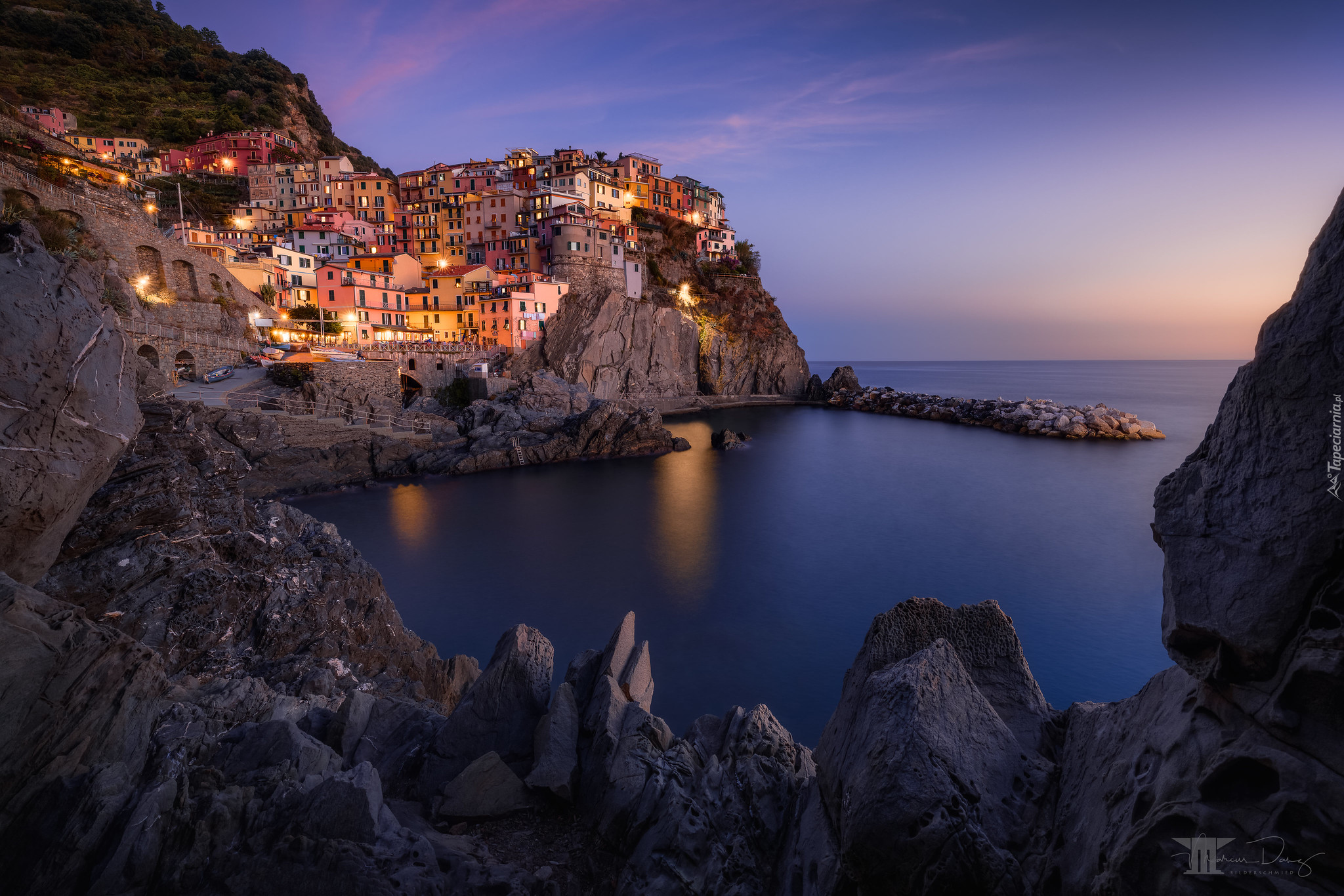 Cinque Terre, Manarola, Skały, Domy, Morze Liguryjskie, Gmina Riomaggiore, Liguria, Włochy