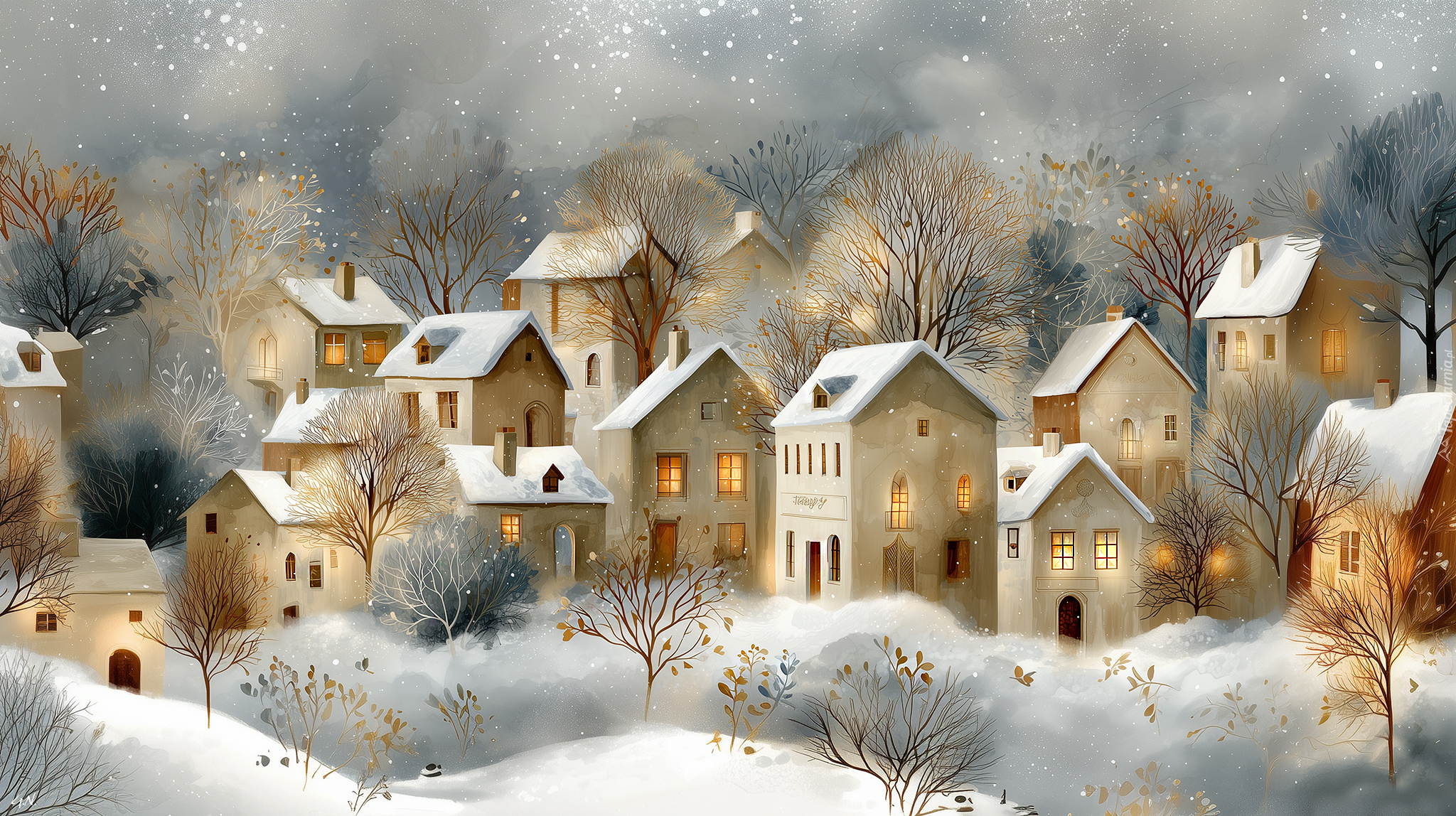 Śnieg, Grafika AI, Domy, Zima