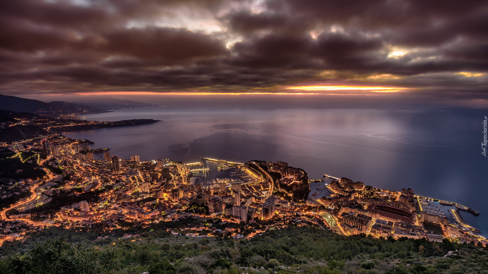 Morze Śródziemne, Zachód słońca, Domy, Oświetlone, Monako