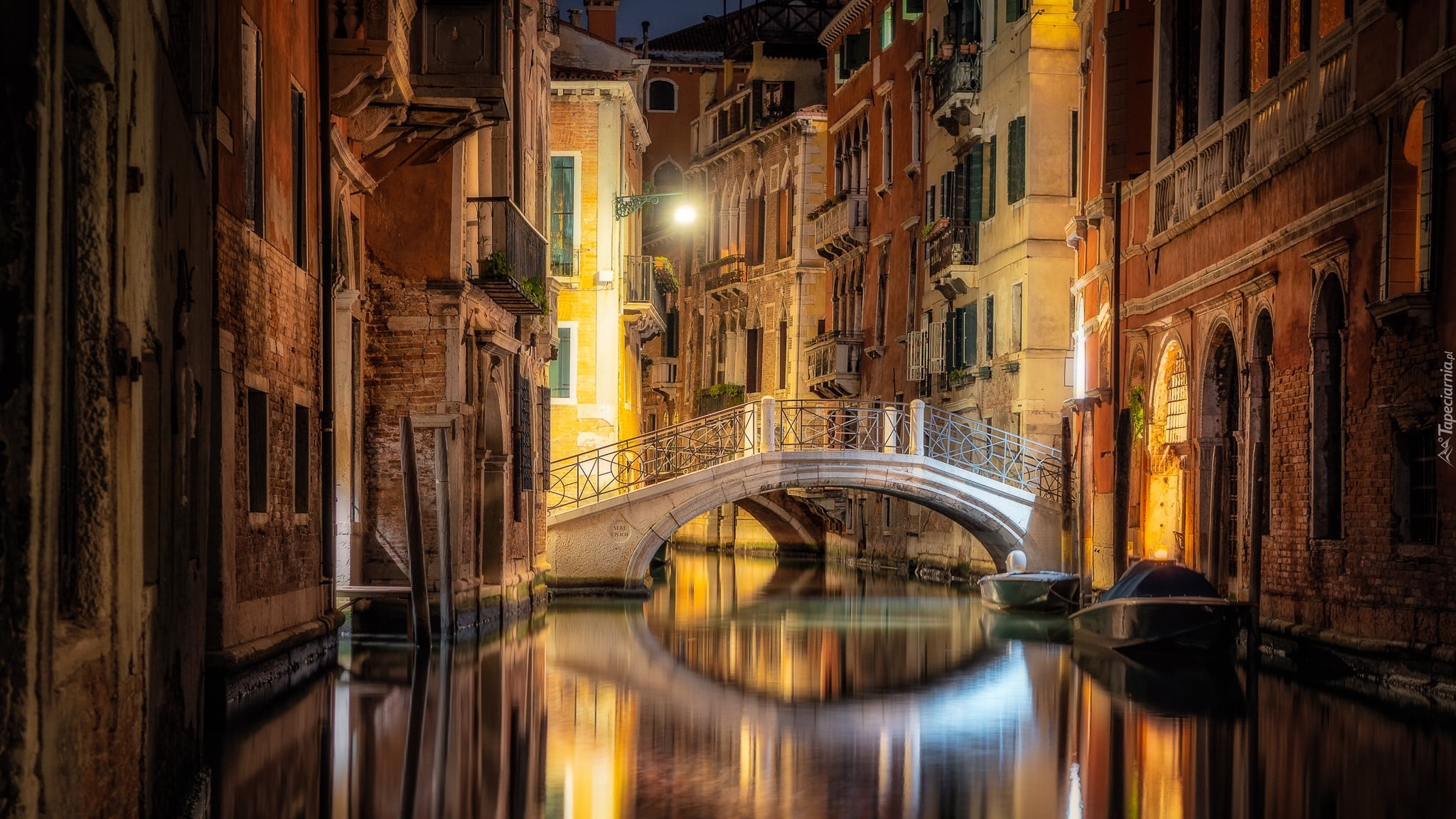 Włochy, Wenecja, Kanał, Łódki, Domy, Most, Światło, Noc